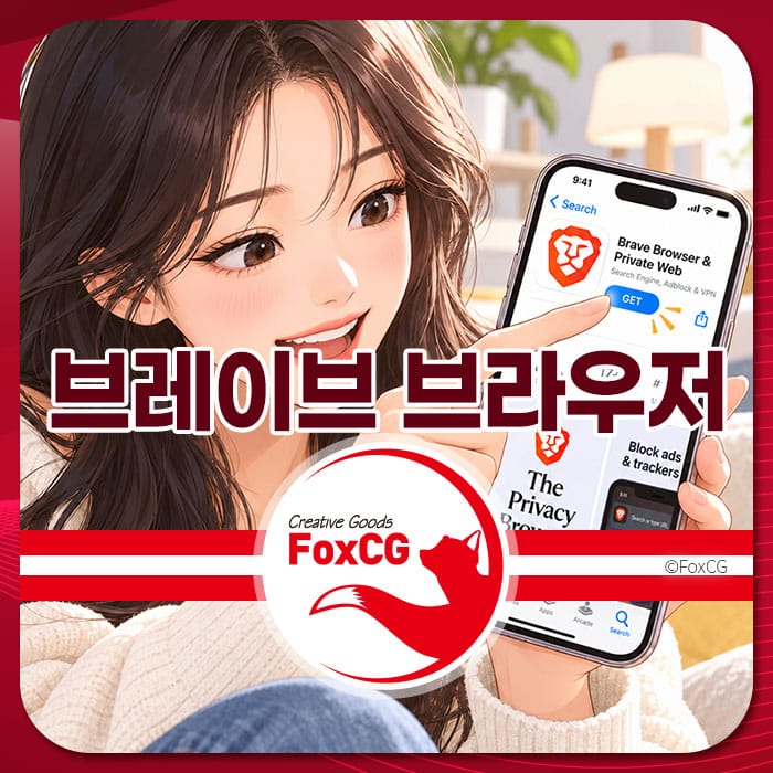 브레이브 브라우저를 사용하는 여성의 모습과 앱 화면을 보여주는 이미지로, 유튜브 광고 차단 기능과 개인정보 보호에 대한 정보를 강조합니다.