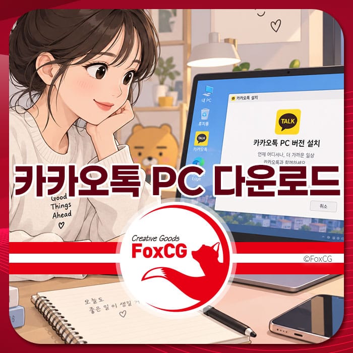 카카오톡 PC 버전 설치 화면을 보고 있는 여성 캐릭터. 컴퓨터 모니터에는 카카오톡 다운로드 안내가 표시되어 있으며, 배경에는 아기자기한 인테리어와 귀여운 캐릭터가 보입니다.