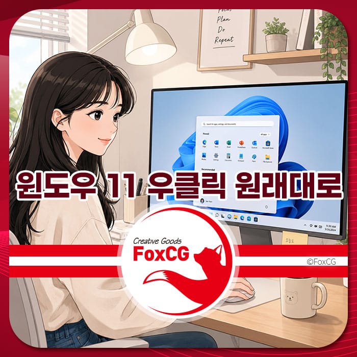 윈도우 11에서 마우스 오른쪽 버튼을 클릭하여 기본 메뉴로 되돌리는 방법을 설명하는 이미지, 컴퓨터 앞에 앉아 있는 여성과 윈도우 11 인터페이스가 보임.