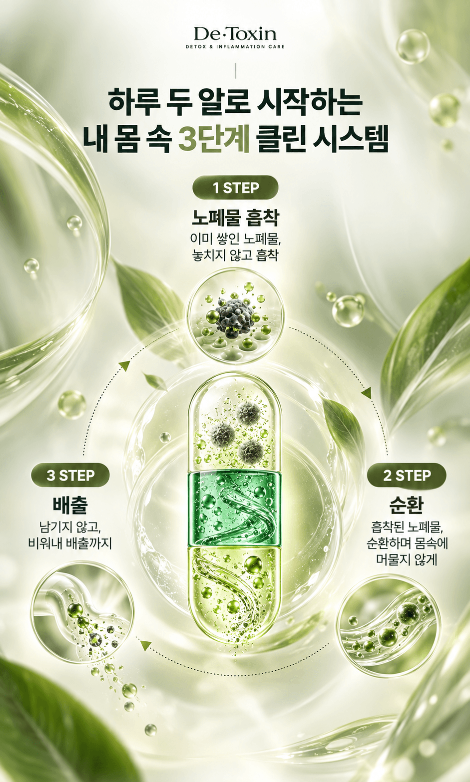 디톡신정 3단계 클린 시스템 설명 이미지, 노폐물 흡착, 순환, 배출 과정을 시각적으로 나타냄. 건강 관리 및 디톡스 효과 강조.