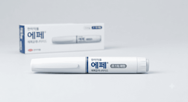 한미약품 에페(에페글레나타이드) 주사기와 포장 이미지, 출시일 및 가격 정보 제공.