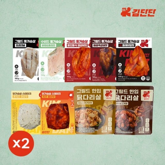 김단단 냉동 닭가슴살 스테이크 제품군과 다양한 맛의 패키지 이미지, 쿠팡 무료배송 옵션 포함.