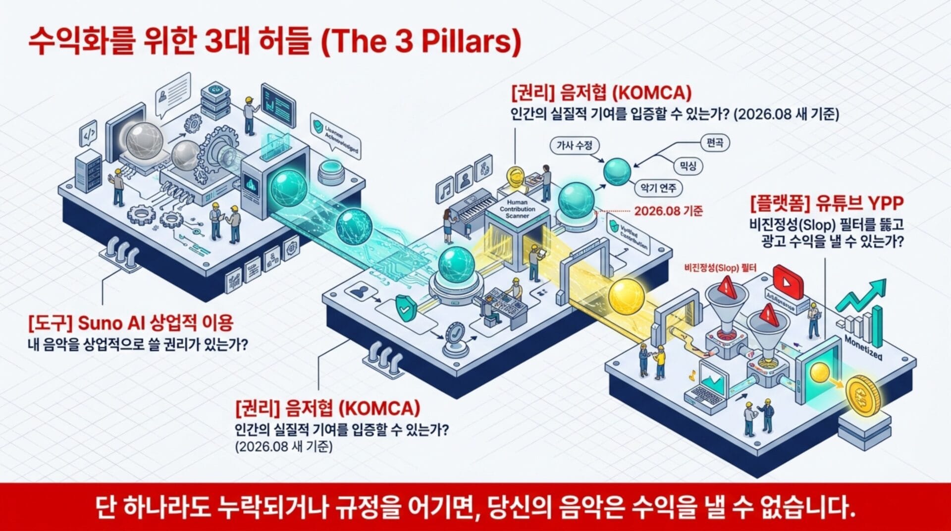 AI 음악 저작권 등록 방법과 조건을 설명하는 인포그래픽. Suno AI의 상업적 이용, KOMCA의 음저협 기준, 유튜브 YPP 수익화 조건을 시각적으로 나타내며, 음악 수익화의 3대 요소를 강조.