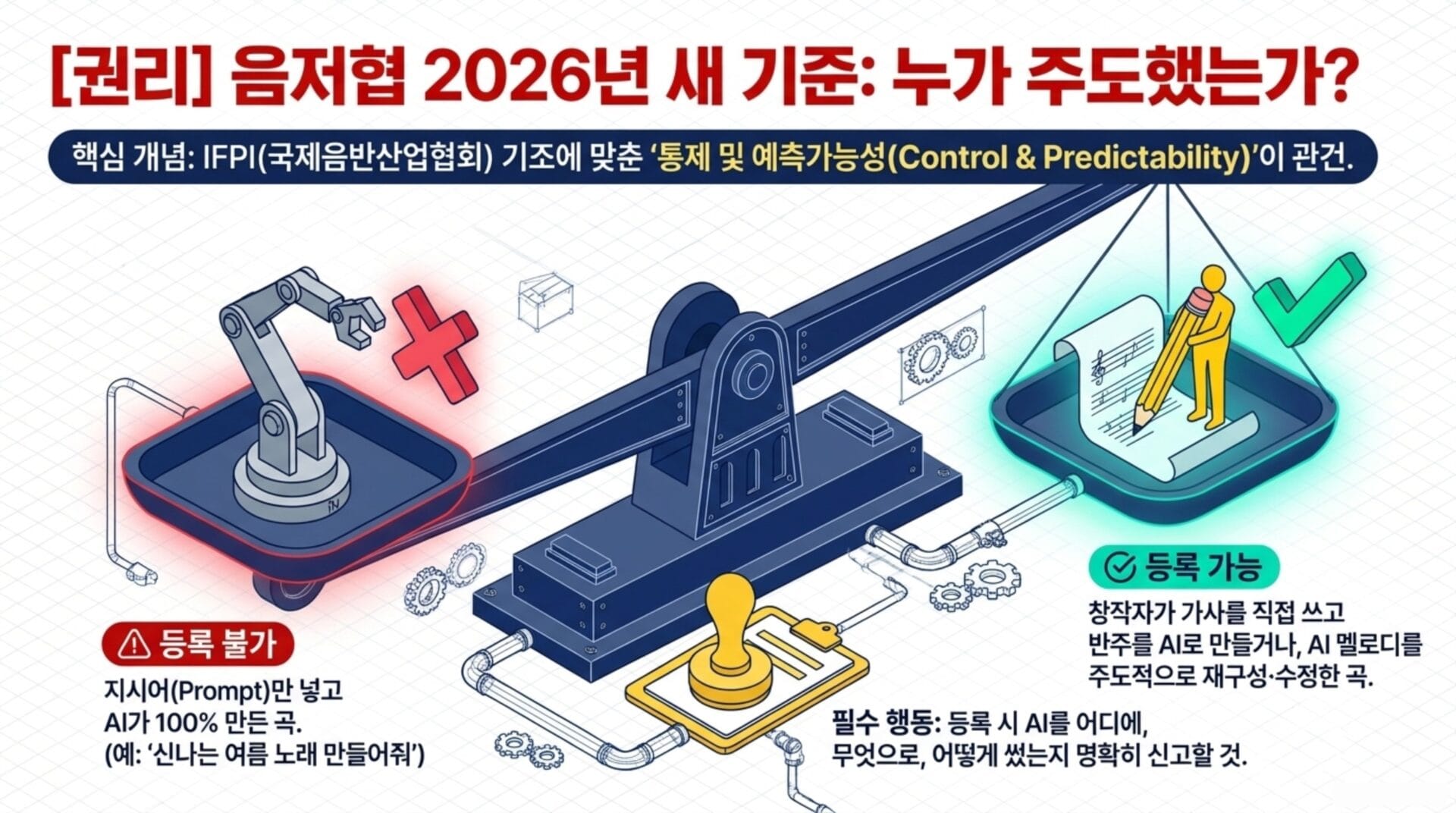 AI 음악 저작권 등록에 관한 정보 그래픽, IFPI 기준에 따른 통제 및 예측 가능성 설명. 등록 불가 조건과 등록 가능한 조건을 시각적으로 비교하여 보여줌.