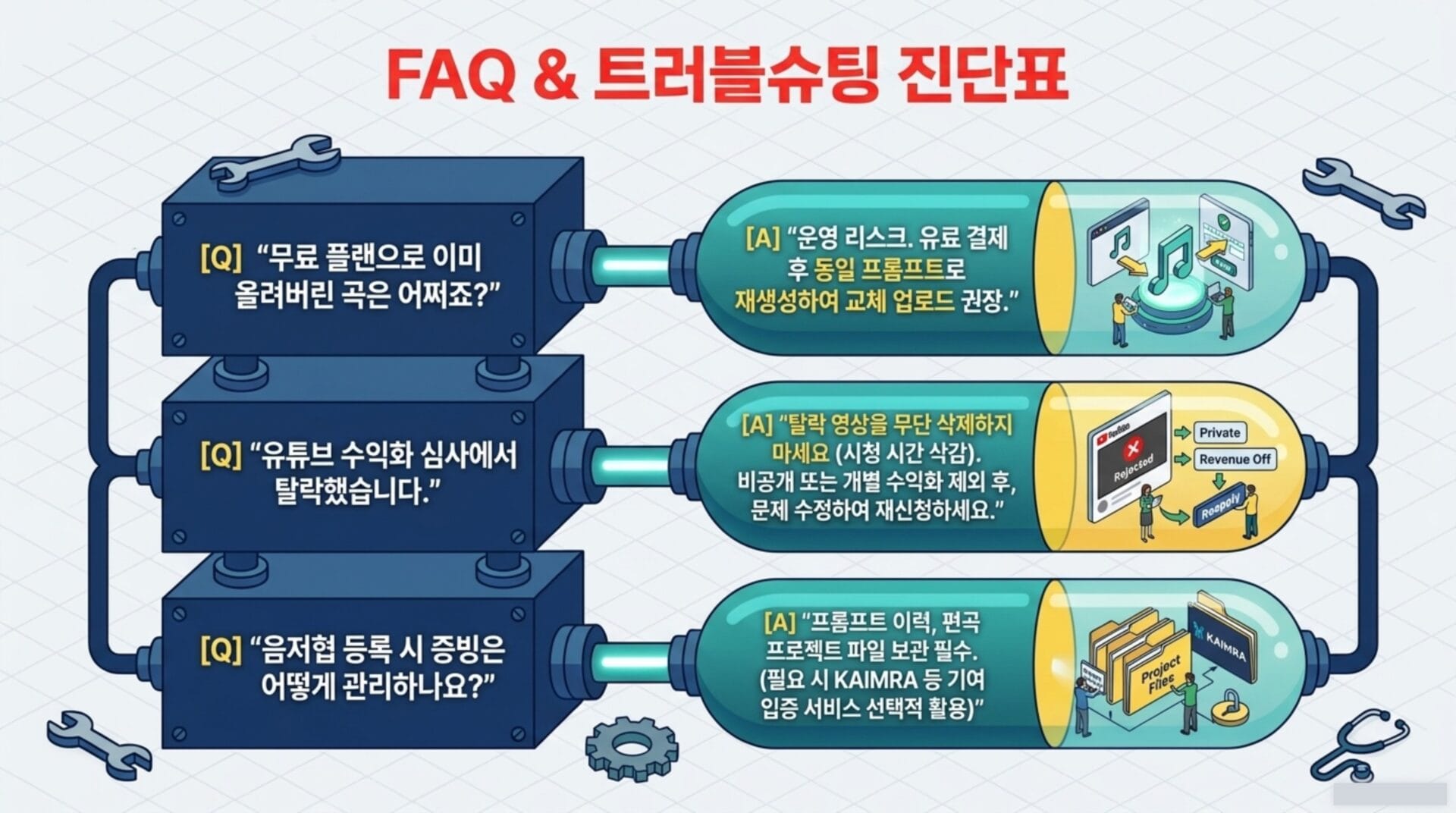 AI 음악 저작권 등록과 유튜브 뮤직 수익 관련 FAQ 및 트러블슈팅 진단표, 무료 플랜, 유료 결제 후 권리 관리, 유튜브 수익화 문제 해결 방법 및 음저협 등록 시 증빙 관리 방법 설명.