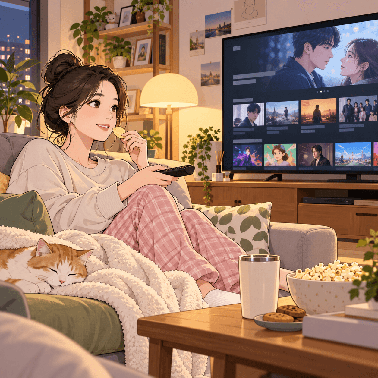편안한 소파에 앉아 간식을 먹으며 TV를 시청하는 여성과 옆에서 자고 있는 고양이의 모습. 배경에는 다양한 콘텐츠가 있는 OTT 플랫폼 화면이 보인다.