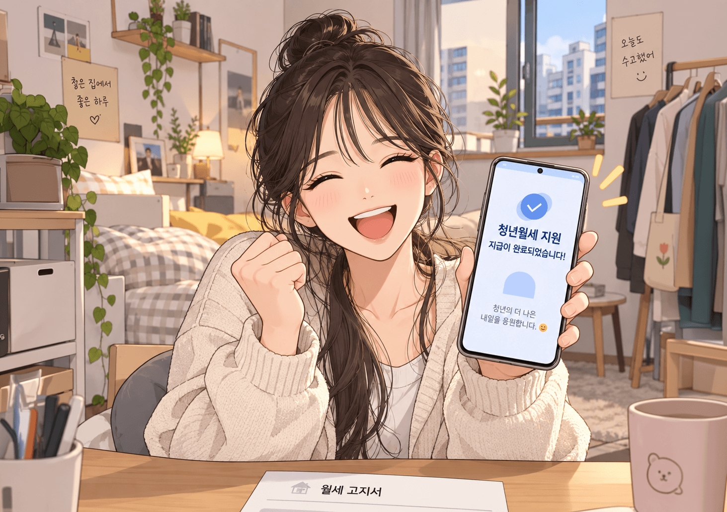 청년월세 지원사업에 대한 정보를 확인하며 기뻐하는 젊은 여성의 모습. 스마트폰 화면에는 '청년월세 지원, 지급이 완료되었습니다!'라는 메시지가 표시되어 있음. 아늑한 방 안에서 월세 고지서와 함께 행복한 표정을 짓고 있는 장면.