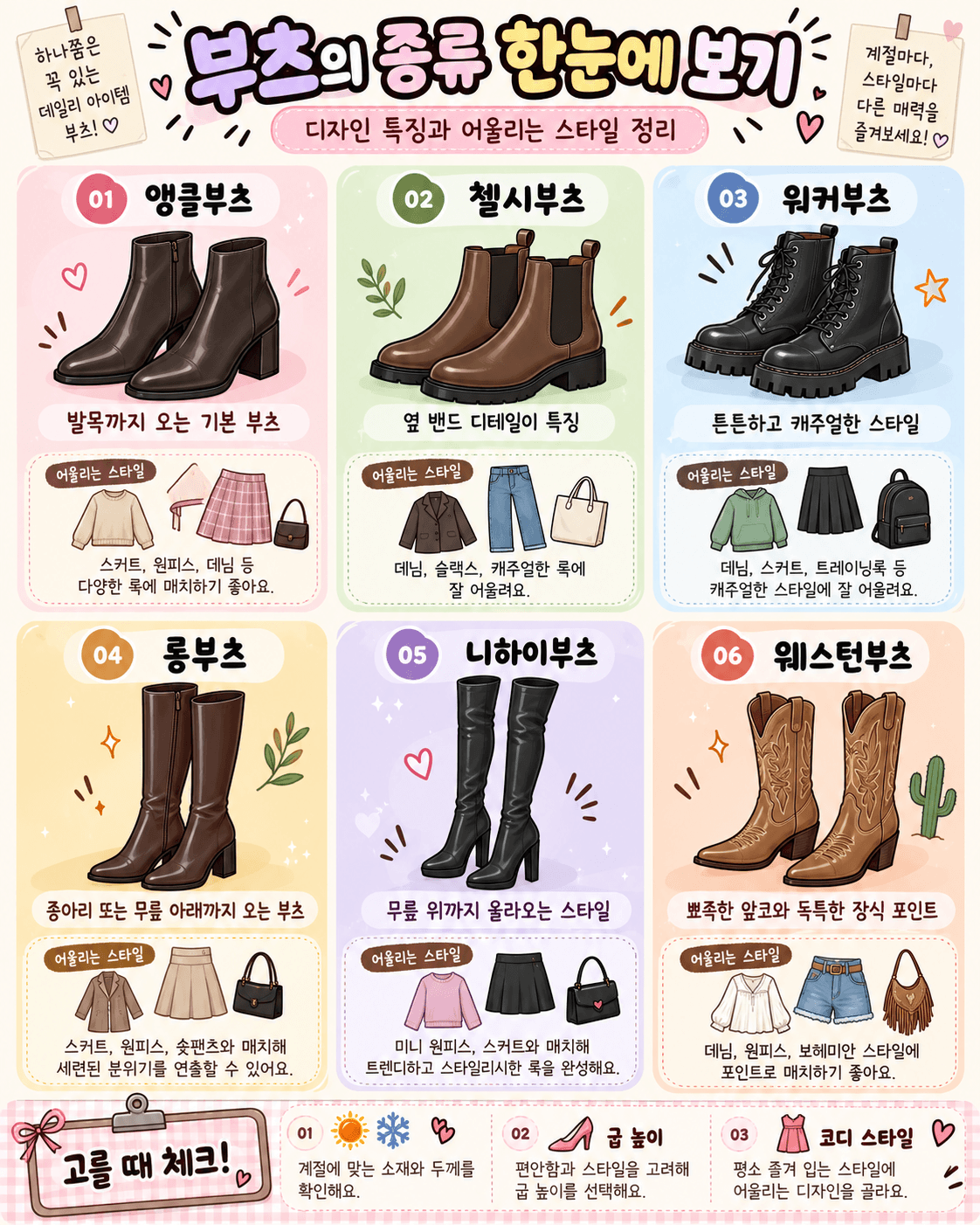 부츠 종류와 스타일 정리를 보여주는 일러스트, 앵클부츠, 첼시부츠, 워커부츠, 롱부츠, 니하이부츠, 웨스턴부츠 등 다양한 부츠 스타일과 어울리는 패션 아이템 설명 포함.