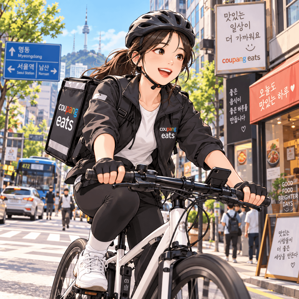 쿠팡이츠 배달파트너가 자전거를 타고 서울의 거리에서 배달 중인 모습. 배경에는 서울타워와 다양한 상점들이 보이며, 쿠팡이츠 로고가 선명하게 드러나 있음.