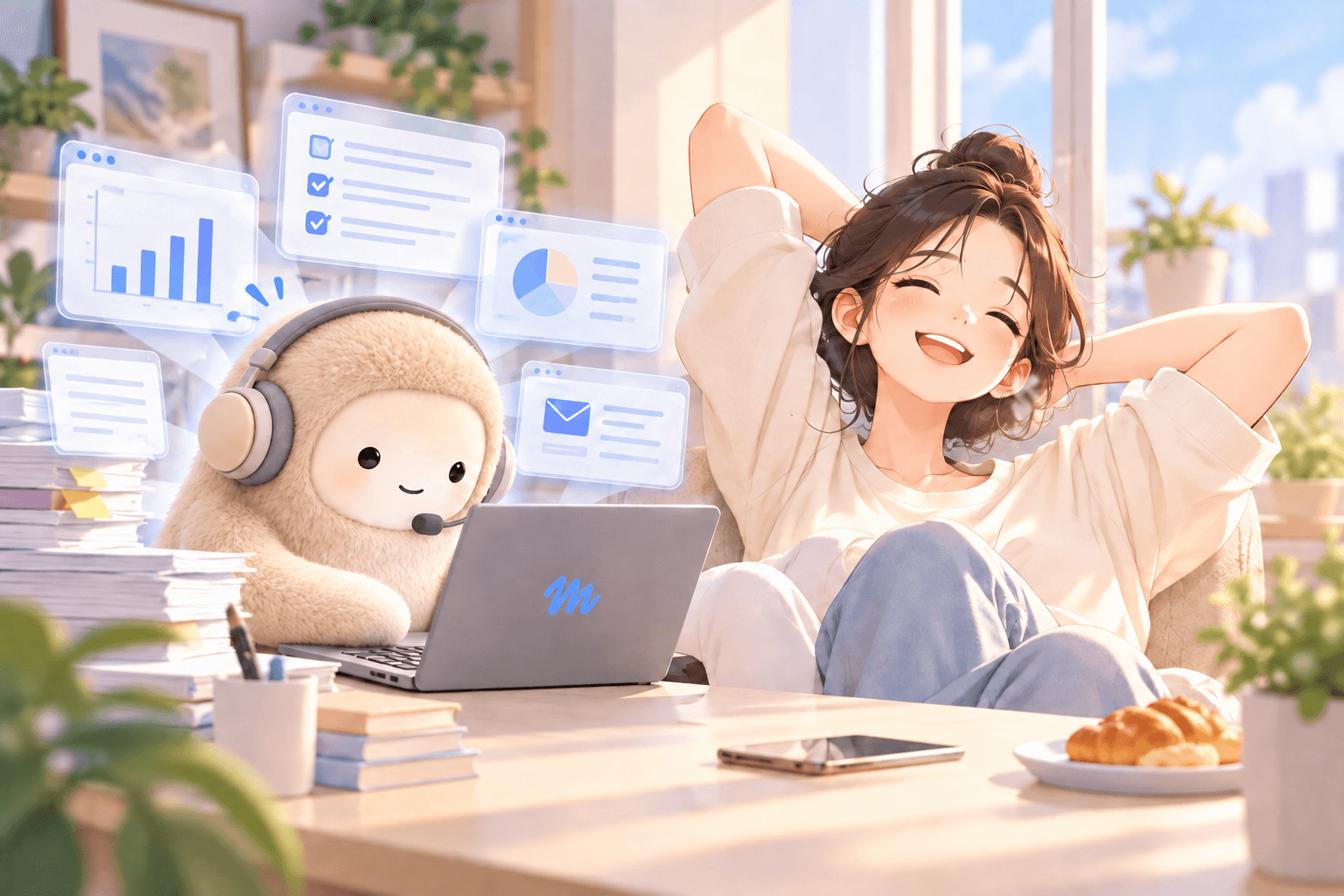 메타 뮤즈(Muse AI)와 함께하는 여성 캐릭터가 편안하게 앉아 있으며, 곰 인형 캐릭터가 노트북에서 작업하고 있는 모습. 배경에는 식물과 서류 더미가 있어 아늑한 작업 환경을 보여줌.