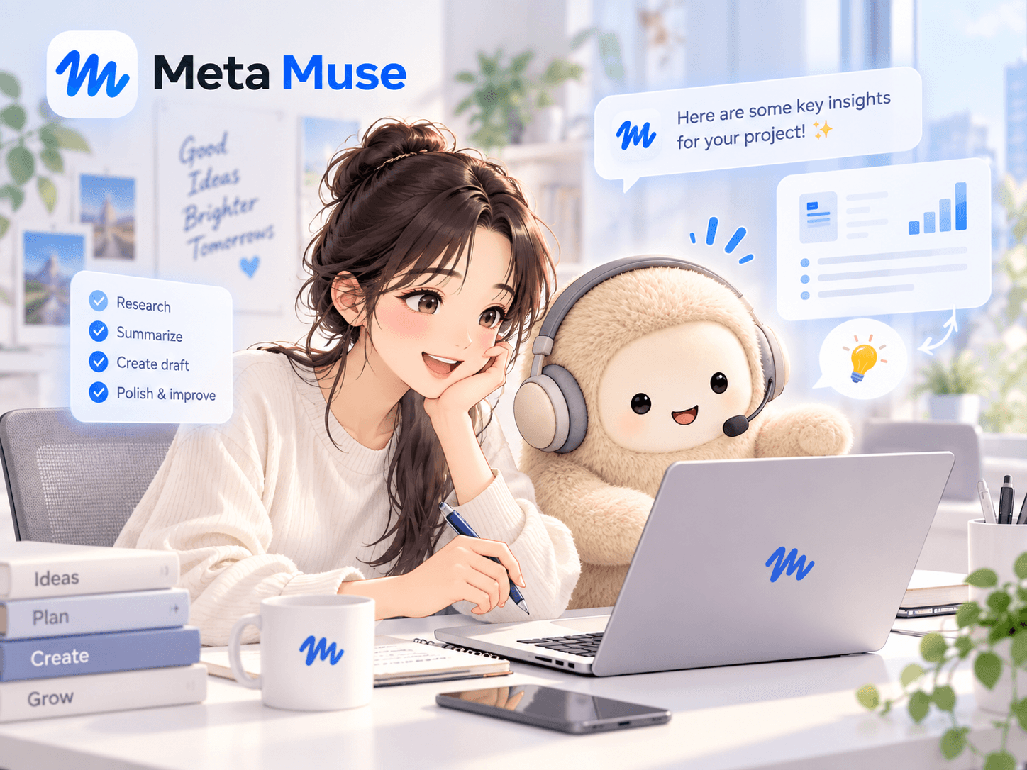 메타 뮤즈(Meta Muse) 플랫폼을 사용하여 프로젝트를 위한 연구, 요약, 초안 작성 및 개선 작업을 하는 여성과 귀여운 캐릭터가 있는 이미지. 작업 공간에 노트북, 커피 컵, 책이 놓여 있으며, 다양한 작업 과정을 나타내는 그래픽 요소들이 포함되어 있음.
