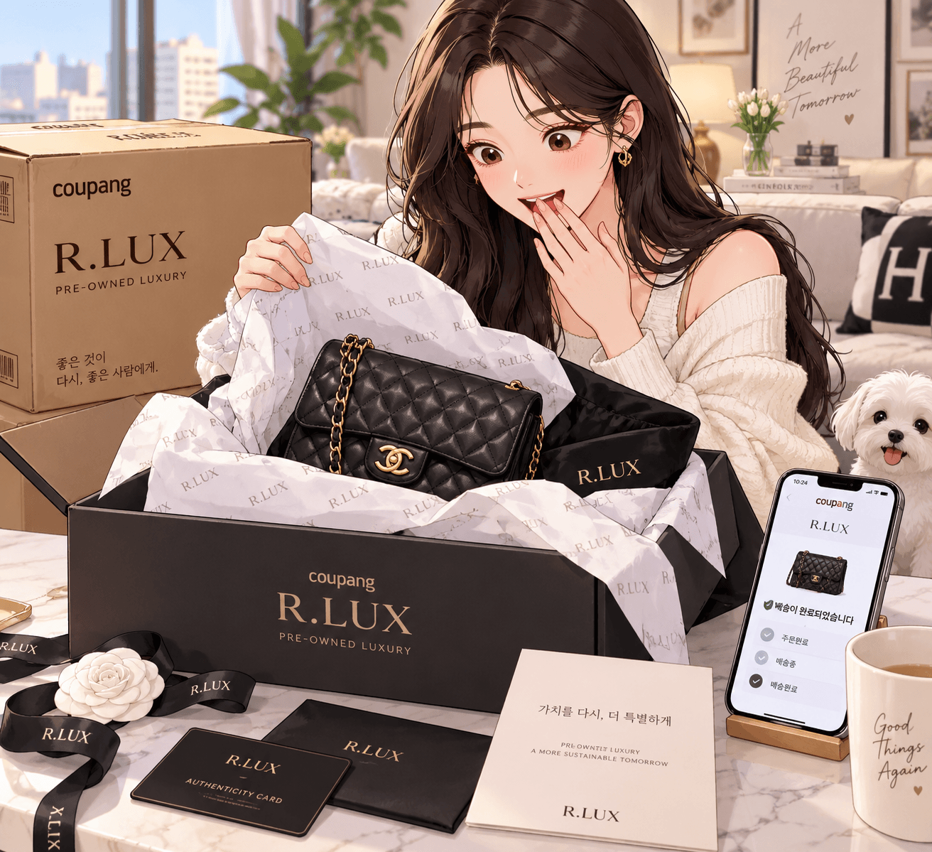 쿠팡 R.LUX 상자에서 고급스러운 샤넬 가방을 열어보는 여성과 인증서, 스마트폰, 커피잔이 있는 이미지. 중고 명품 구매에 대한 즐거움과 신뢰를 전달하는 장면.