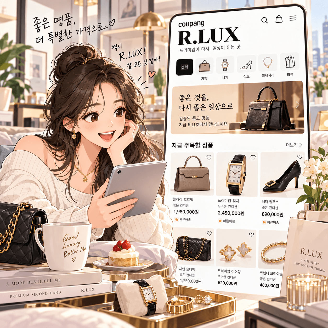 쿠팡 R.LUX 웹사이트에서 중고 명품을 쇼핑하는 여성의 모습, 다양한 명품 가방과 시계, 액세서스가 진열된 세련된 인테리어의 배경.