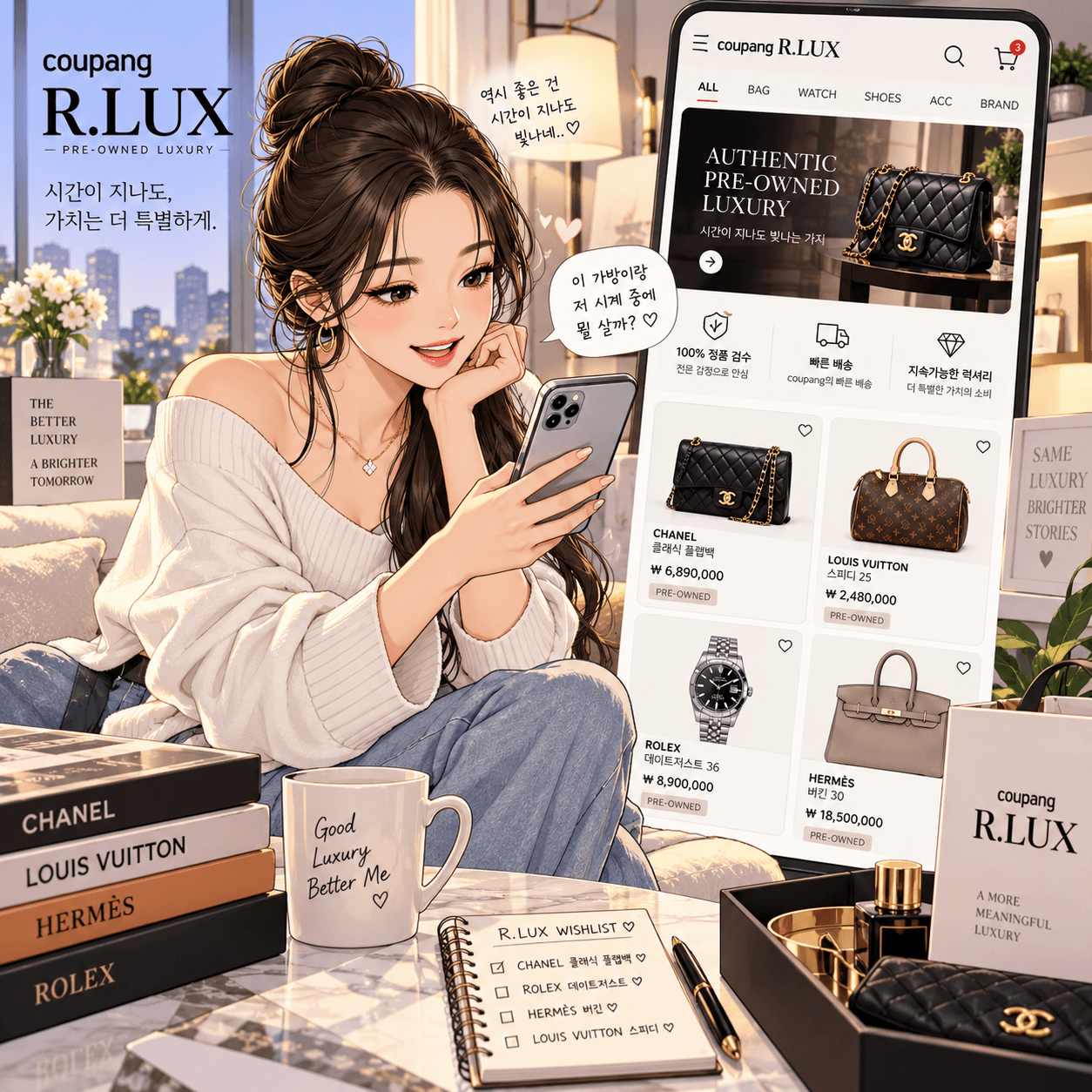 쿠팡 R.LUX의 중고 명품 쇼핑 페이지를 탐색하는 여성의 모습, 고급스러운 명품 가방과 시계가 진열된 화면, R.LUX 위시리스트와 럭셔리 아이템을 강조한 배경.