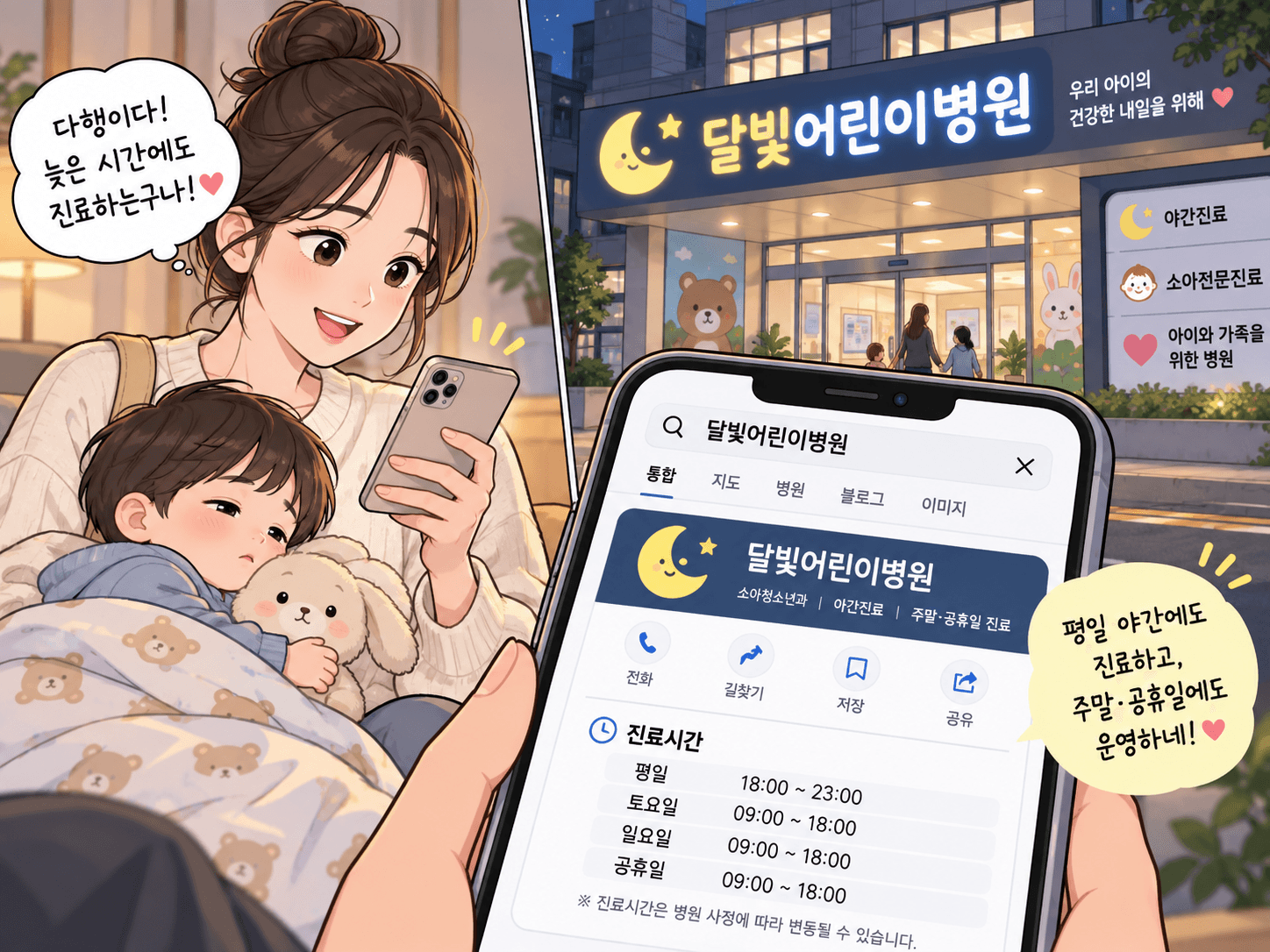 달빛어린이병원에서 진료받는 엄마와 아이의 모습, 스마트폰으로 진료시간을 확인하는 장면. 병원 외관과 심야 약국 정보가 담긴 이미지로, 어린이 건강을 위한 편리한 진료 서비스를 강조.