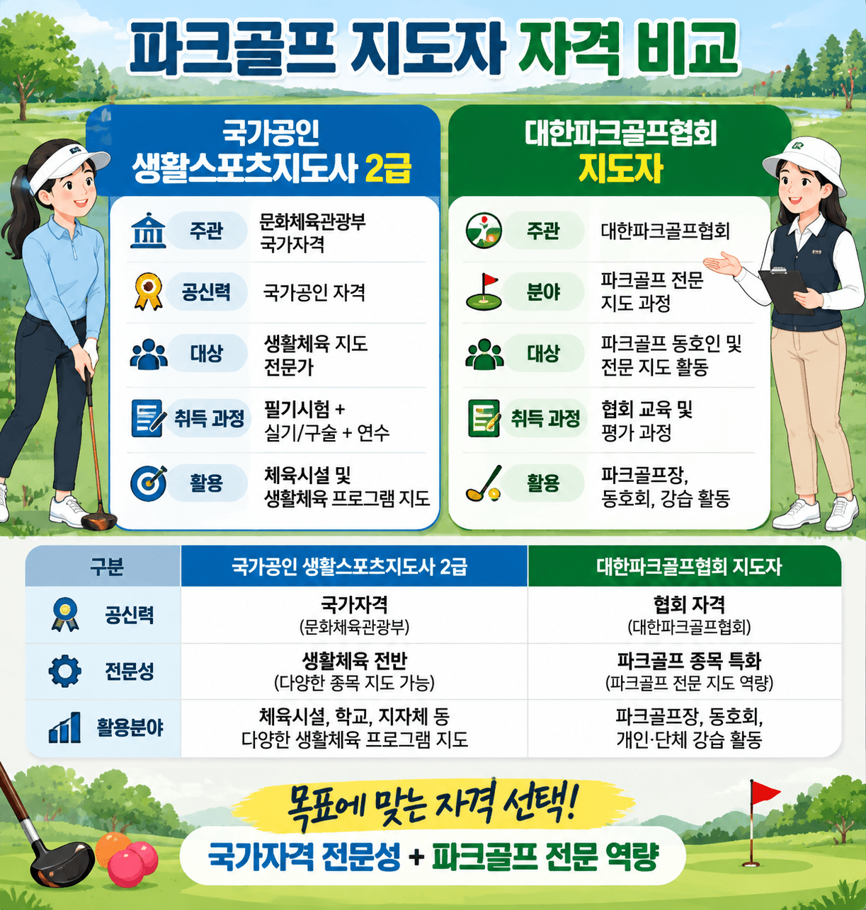 파크 골프 지도자 자격 비교 표, 국가공인 생활스포츠지도사 2급과 대한파크골프협회 지도자의 자격 요건 및 활동 분야를 설명하는 정보 그래픽.