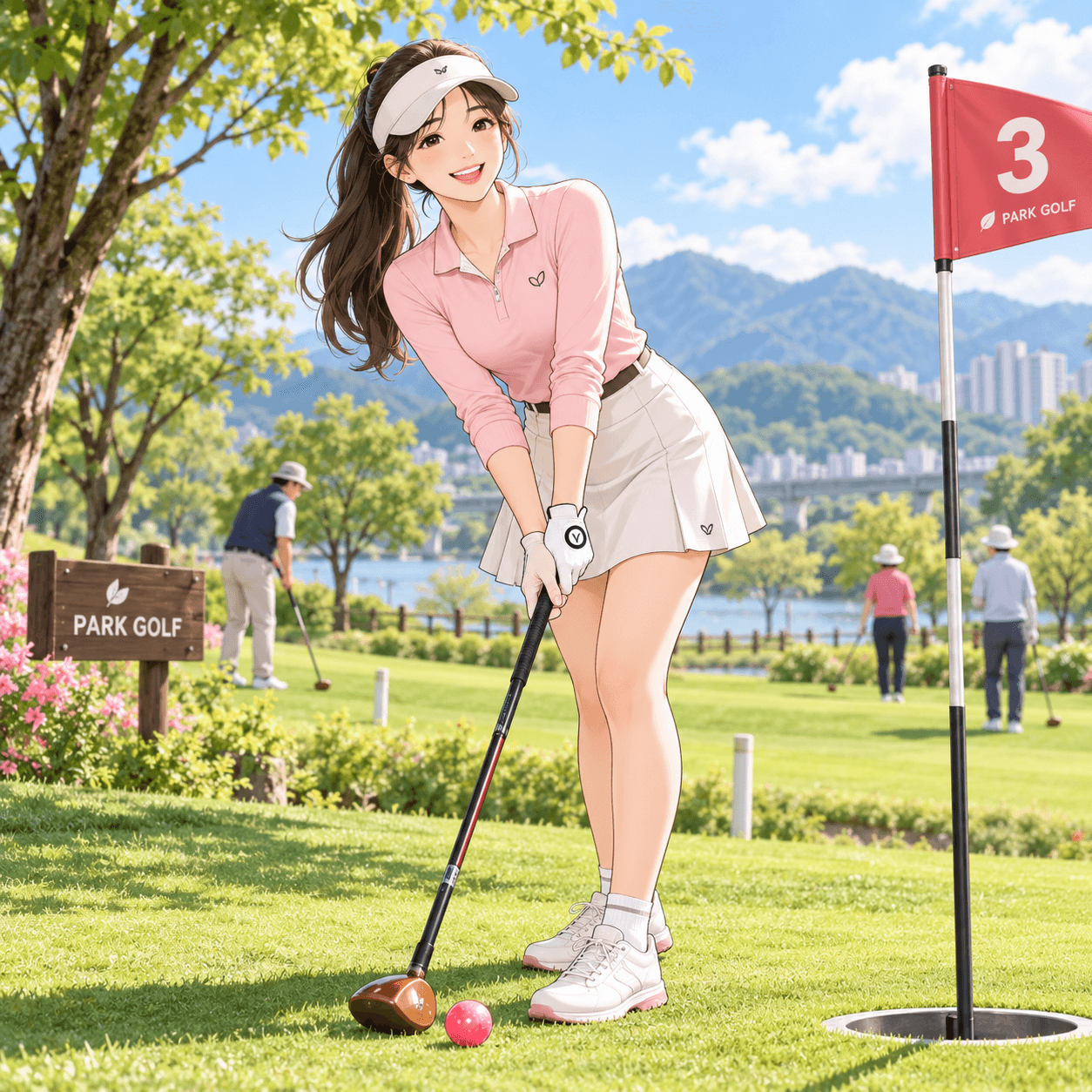 파크 골프장에서 스윙을 준비하는 여성 골퍼의 모습, 배경에는 푸른 산과 도시 풍경이 어우러져 있으며, 'PARK GOLF' 표지판과 홀 표시가 보임.