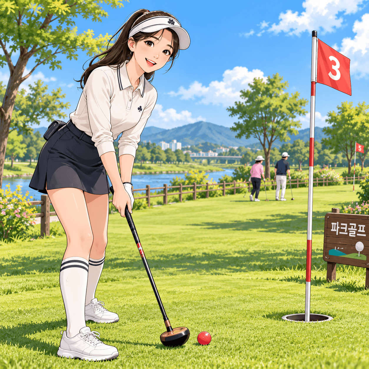 파크 골프장에서 클럽을 들고 공을 치기 직전의 여성 캐릭터, 배경에는 푸른 산과 강이 보이며, 파크 골프 홀 표지판이 세워져 있는 모습.