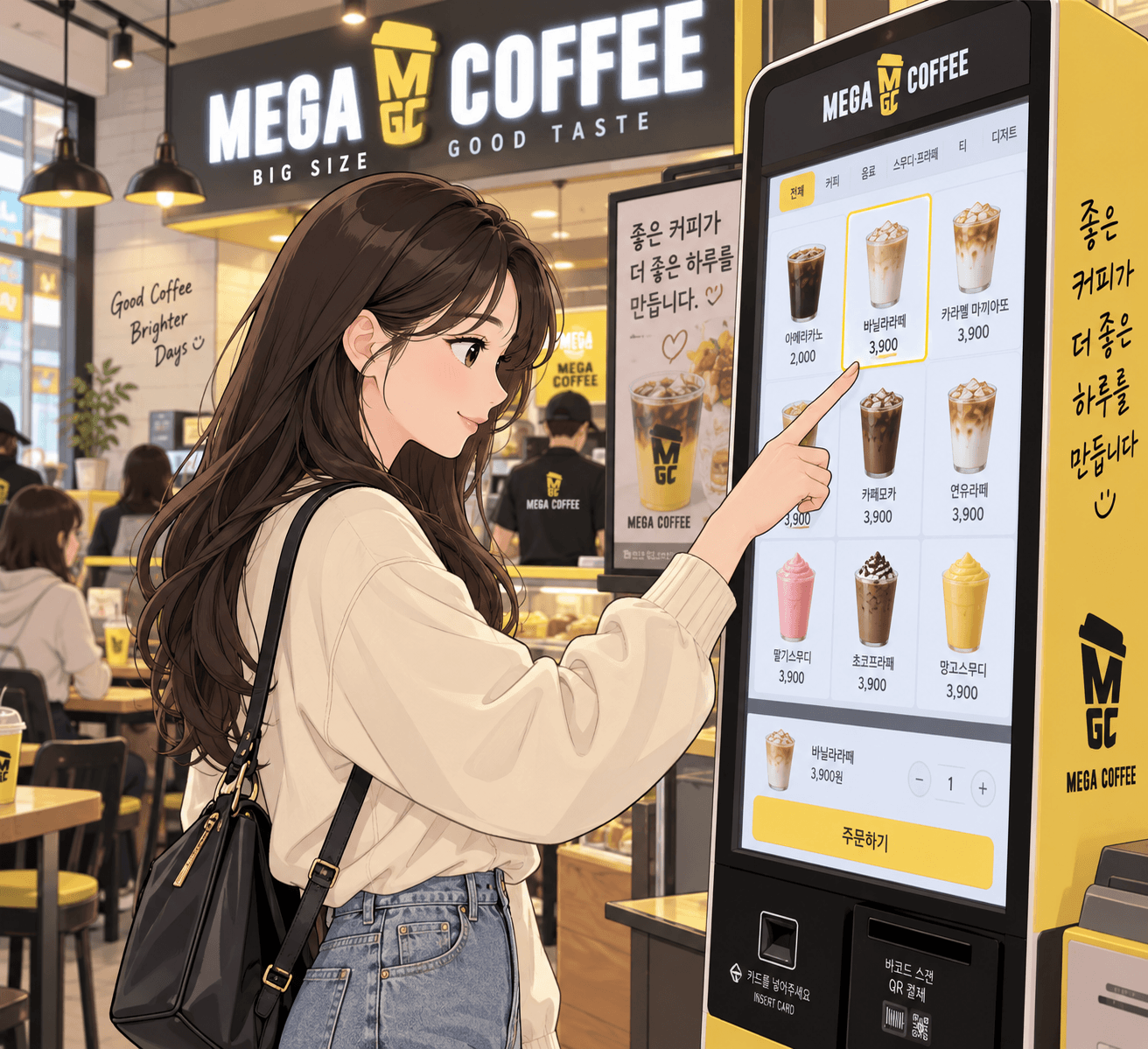 메가커피 매장에서 음료 메뉴를 선택하는 여성 고객의 모습, 디지털 메뉴판에 다양한 음료와 가격이 표시되어 있음. 2026년 추천 음료 및 디저트 조합 관련 페이지에 적합한 이미지.