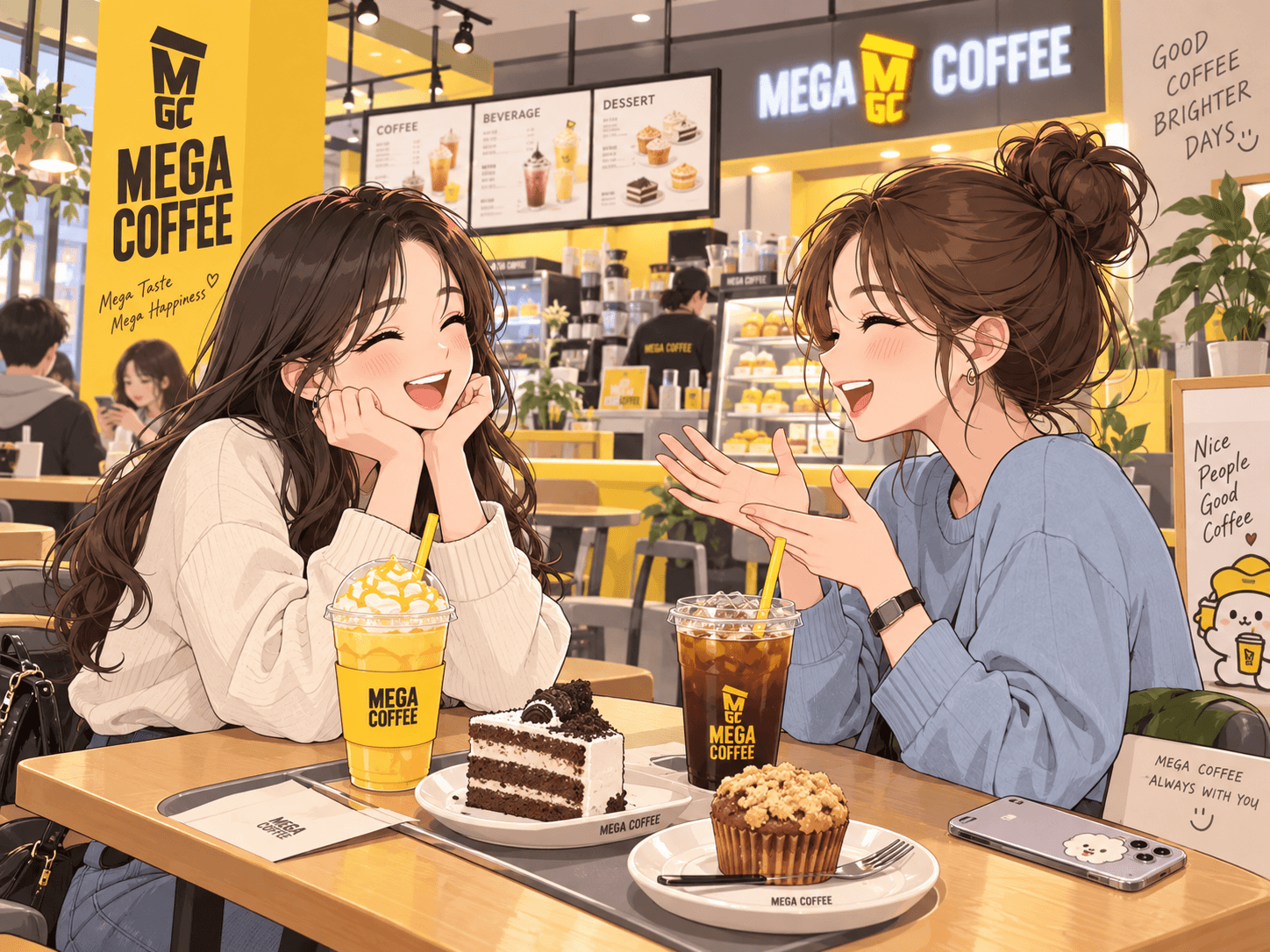 메가커피 매장에서 친구와 즐거운 시간을 보내고 있는 두 여성, 다양한 음료와 디저트를 앞에 두고 웃으며 대화하는 모습. 배경에는 메가커피 브랜드 로고와 메뉴가 보인다.