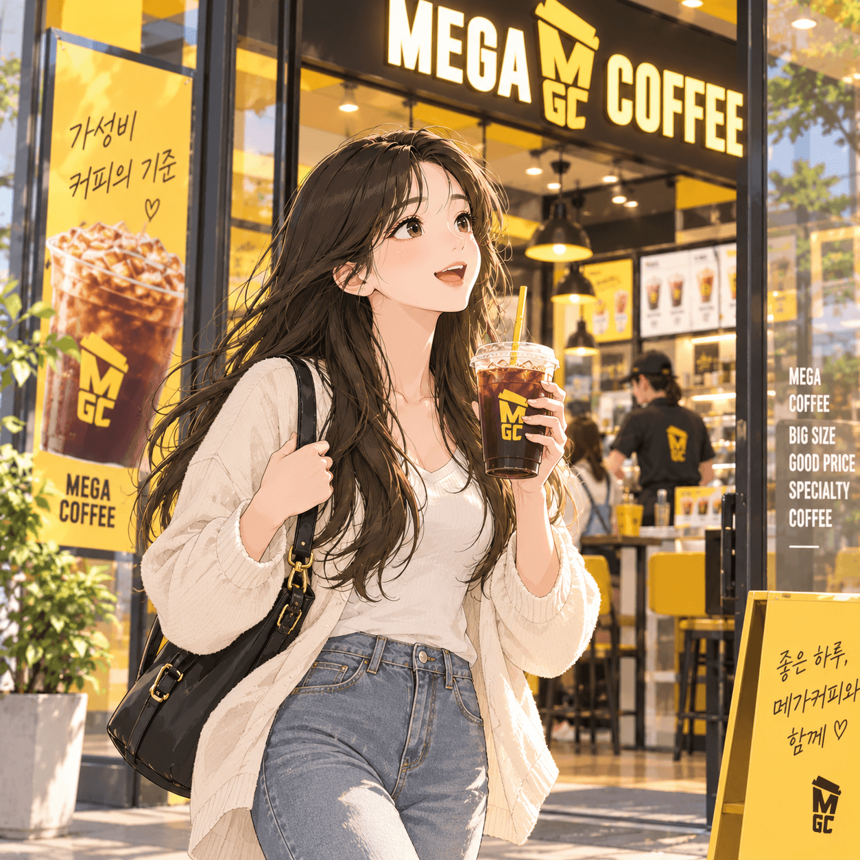 메가커피 매장에서 아이스 커피를 들고 행복한 표정으로 걷는 여성, 배경에는 메가커피 로고와 다양한 음료가 진열된 모습이 보임.