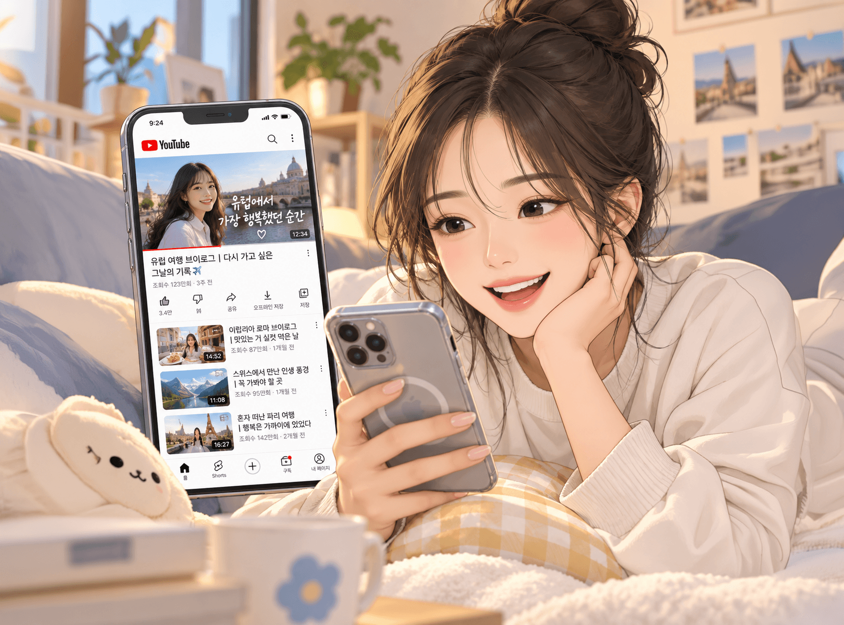 브레이브 브라우저를 사용하여 유튜브 영상을 시청하는 젊은 여성, 스마트폰 화면에는 여행 브이로그 영상이 표시되어 있으며, 아늑한 침대에서 편안하게 미소를 짓고 있는 모습.