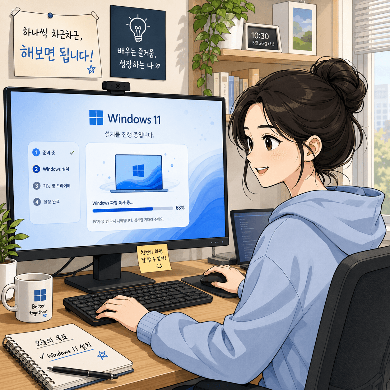 Windows 11 설치 화면을 보고 있는 여성, 컴퓨터 앞에서 작업 중이며, 배경에 다양한 메모와 식물이 있는 모습.
