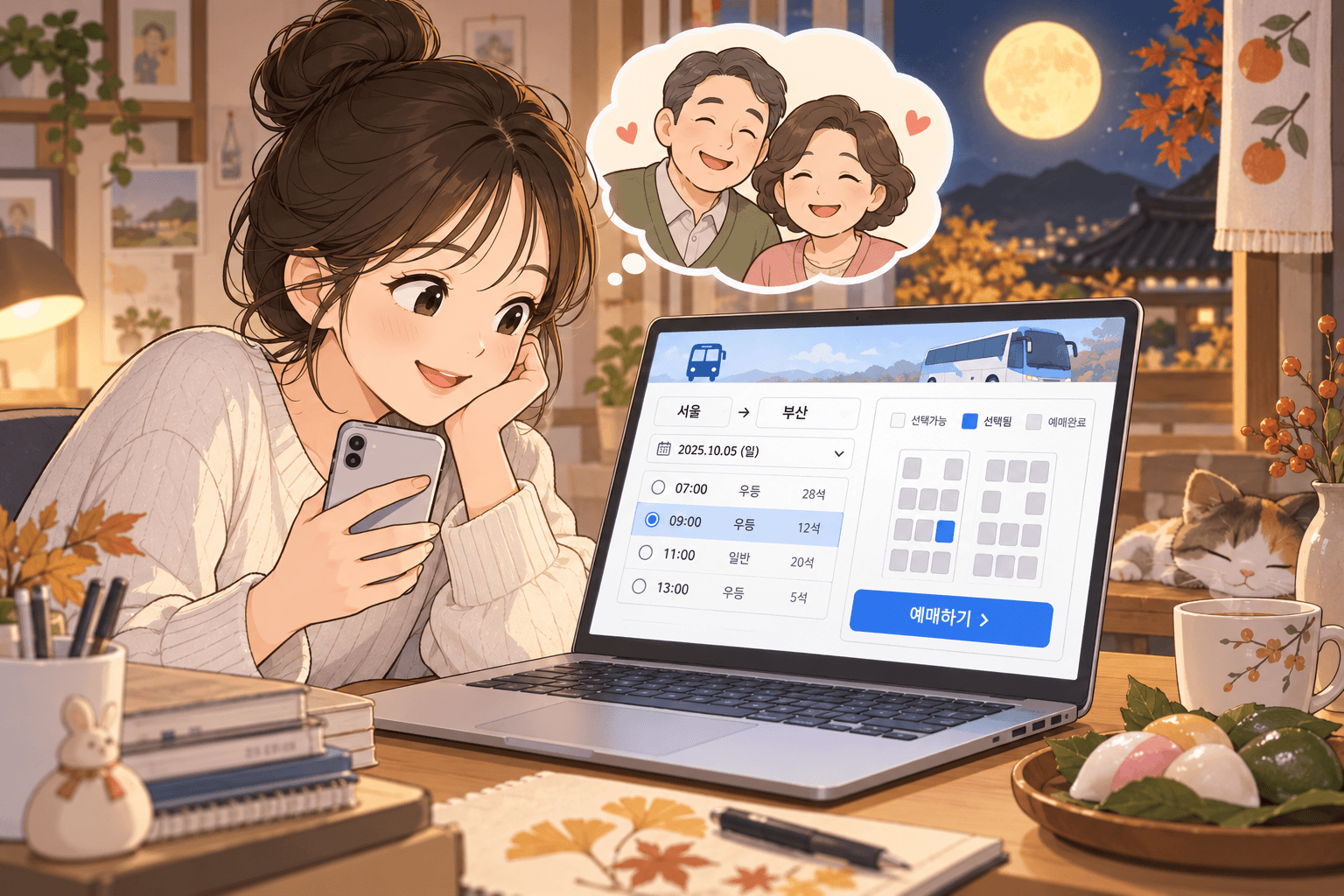 부모님을 위해 서울에서 부산으로 고속버스를 예매하는 여성의 모습, 화면에는 2025년 10월 5일 날짜와 시간 선택 옵션이 표시되어 있으며, 배경에는 보름달과 가을 풍경이 담겨 있다.