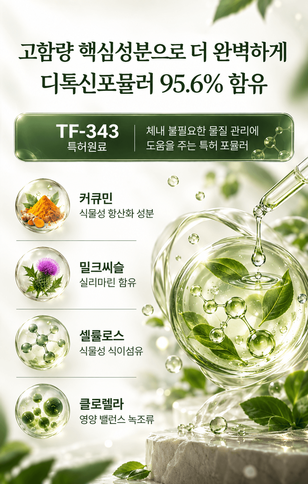 디톡신포물러의 주요 성분과 효과를 설명하는 이미지로, TF-343 특허 원료와 함께 커큐민, 밀크씨슬, 셀룰로스, 클로렐라의 효능을 강조하고 있습니다. 각 성분은 체내 불필요한 물질 관리에 도움을 주는 역할을 합니다.