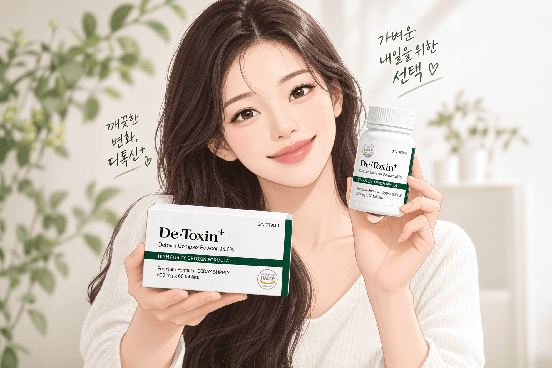 디톡신 정제와 파우더 제품을 들고 있는 여성 모델이 등장하는 이미지로, 디톡스 효과와 건강한 변화를 강조하는 내용입니다. 제품의 패키지에는 'De:Toxin+'와 함께 '고순도 디톡스 포뮬라'가 표기되어 있습니다.