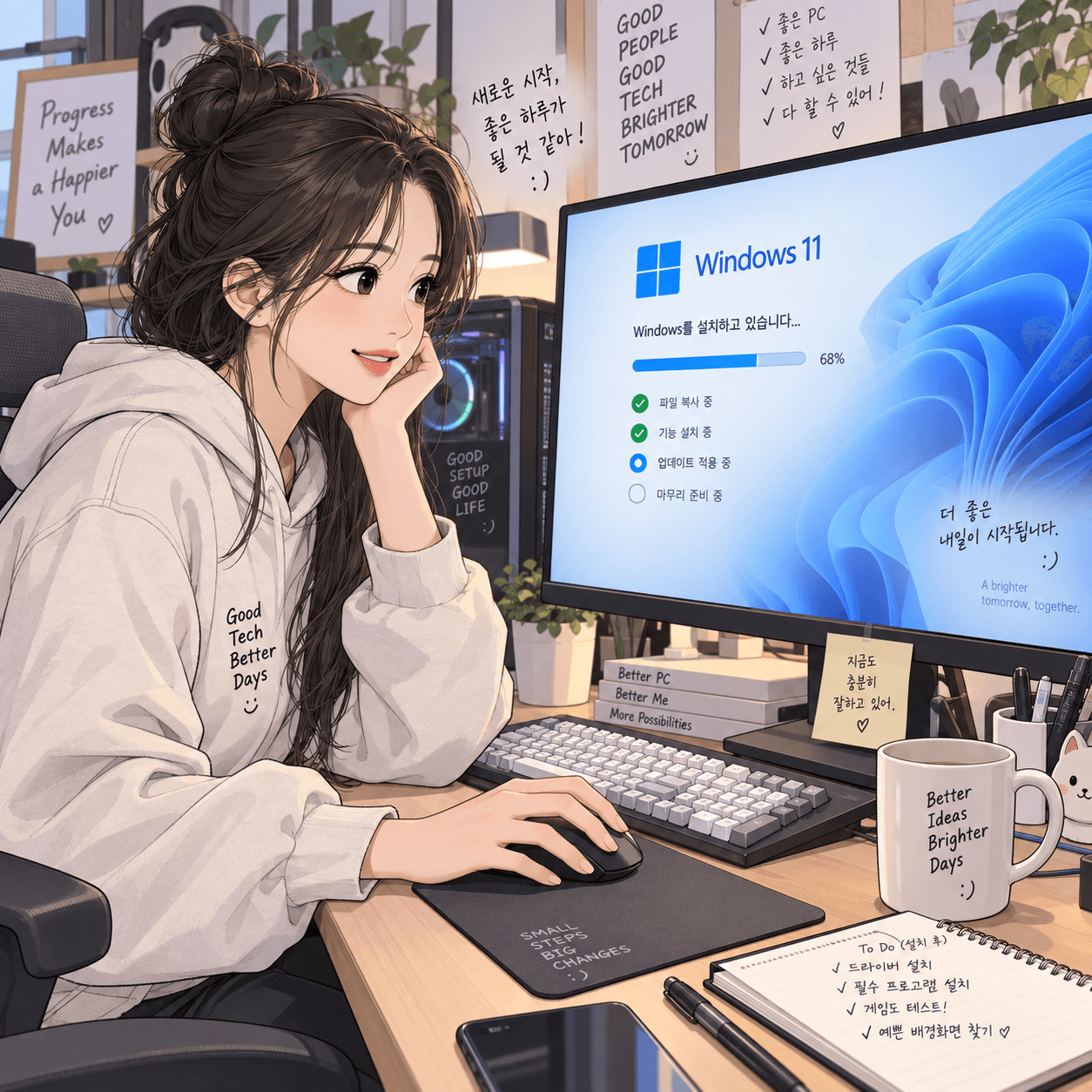 윈도우 11 설치 진행 중인 여성 사용자가 컴퓨터 모니터를 바라보며 미소 짓고 있는 모습. 화면에는 설치 진행 상태와 관련된 정보가 표시되어 있으며, 작업 공간에는 다양한 문구가 적힌 메모와 도구들이 놓여 있다.