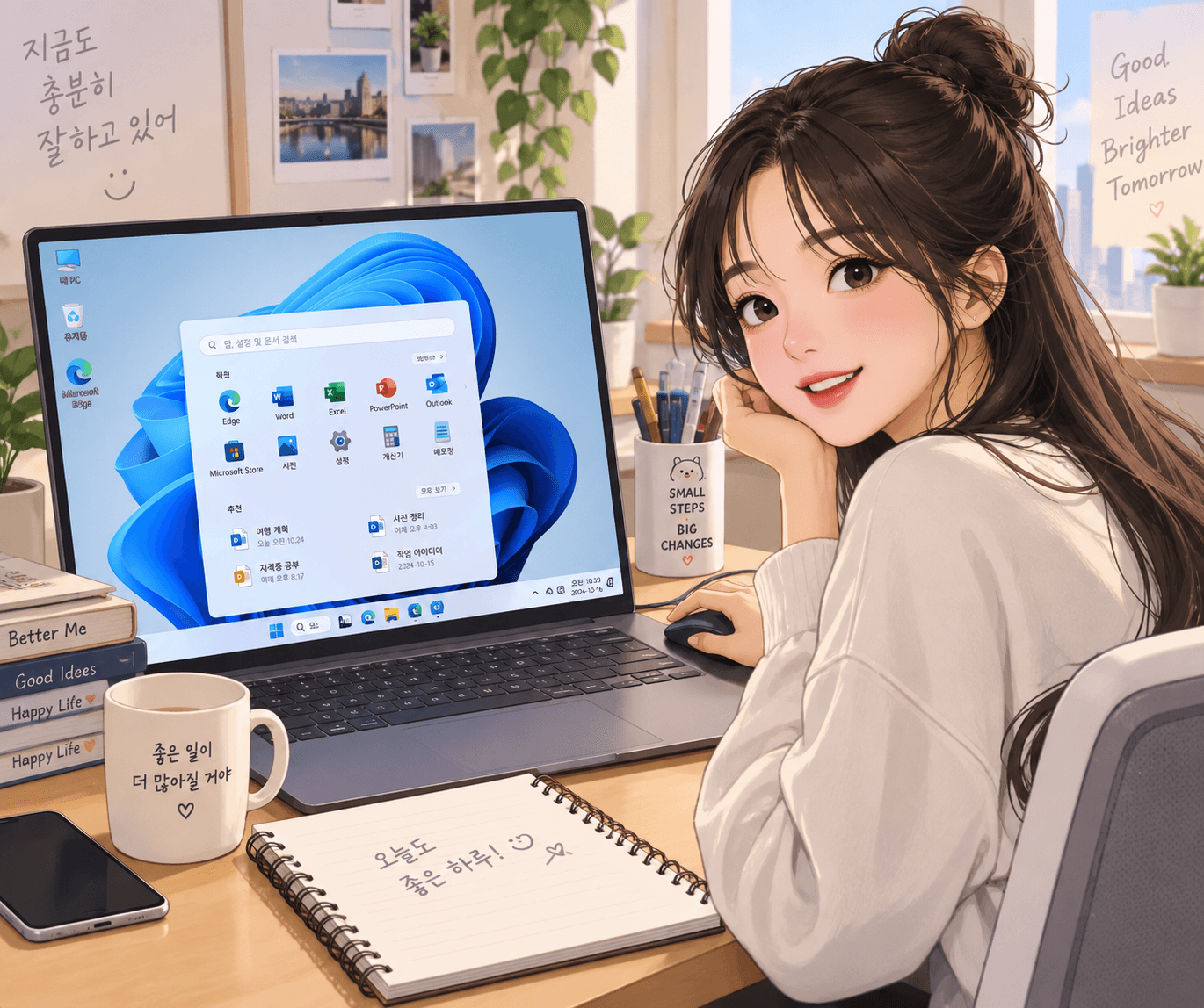 윈도우 10 및 11 시작 프로그램 폴더를 찾는 방법을 설명하는 페이지에 적합한 이미지로, 현대적인 사무 환경에서 컴퓨터를 사용하는 여성의 모습과 함께, 작업 중인 화면에 윈도우 인터페이스가 보인다.