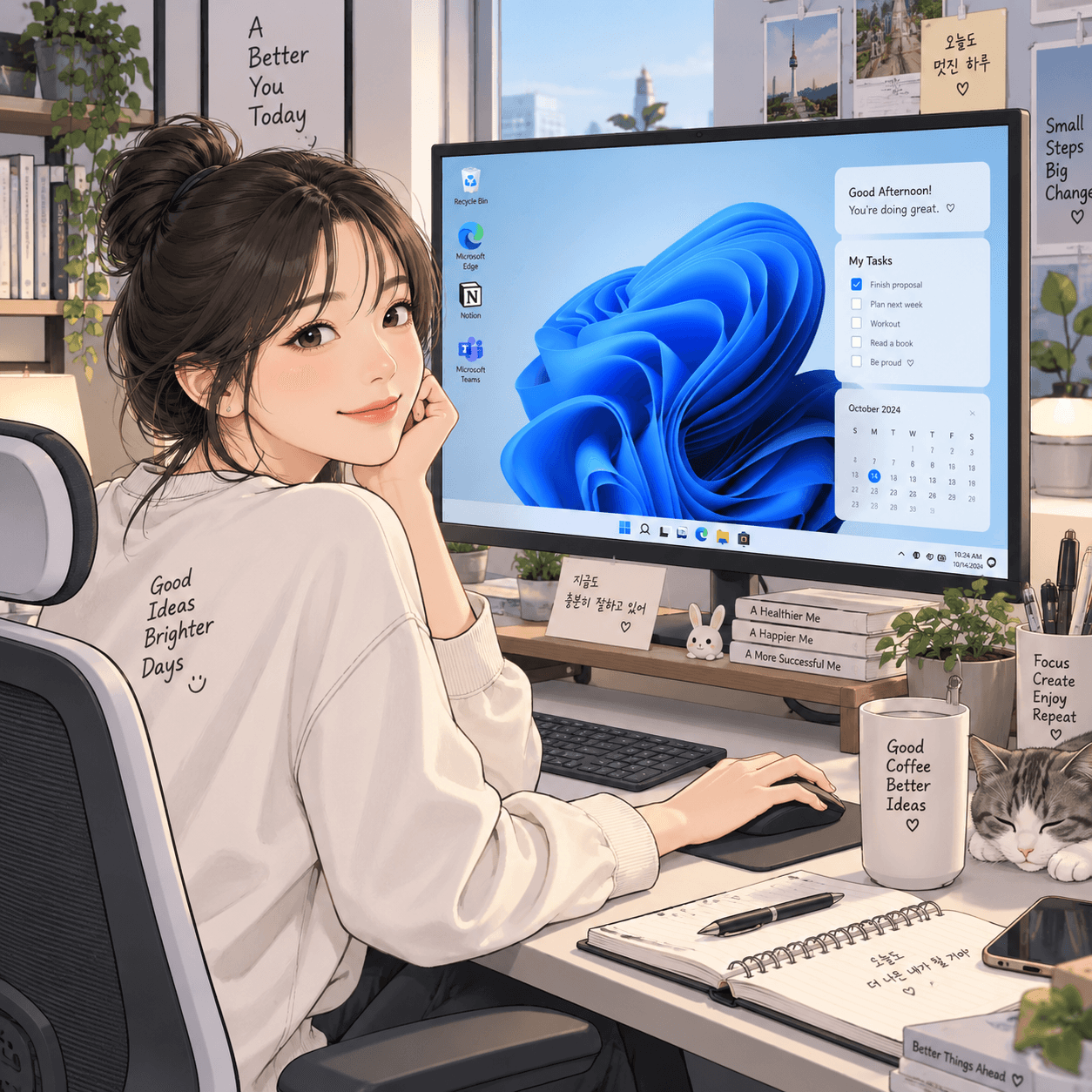 윈도우10과 11의 시작 프로그램 폴더 위치를 찾는 방법을 설명하는 페이지에 적합한 이미지로, 컴퓨터 모니터 앞에 앉아 작업 중인 여성과 함께 정돈된 책상 모습이 담겨 있습니다. 모니터 화면에는 윈도우 11 인터페이스와 작업 목록이 표시되어 있습니다.