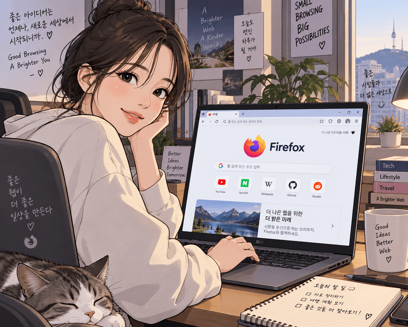 파이어폭스 브라우저를 사용하는 여성의 모습과 노트북 화면에 나타난 파이어폭스 로고. 배경에는 서울 타워와 여러 포스트잇이 보이며, 창의적인 아이디어와 웹 탐색의 중요성을 강조하는 메시지가 적혀 있다.