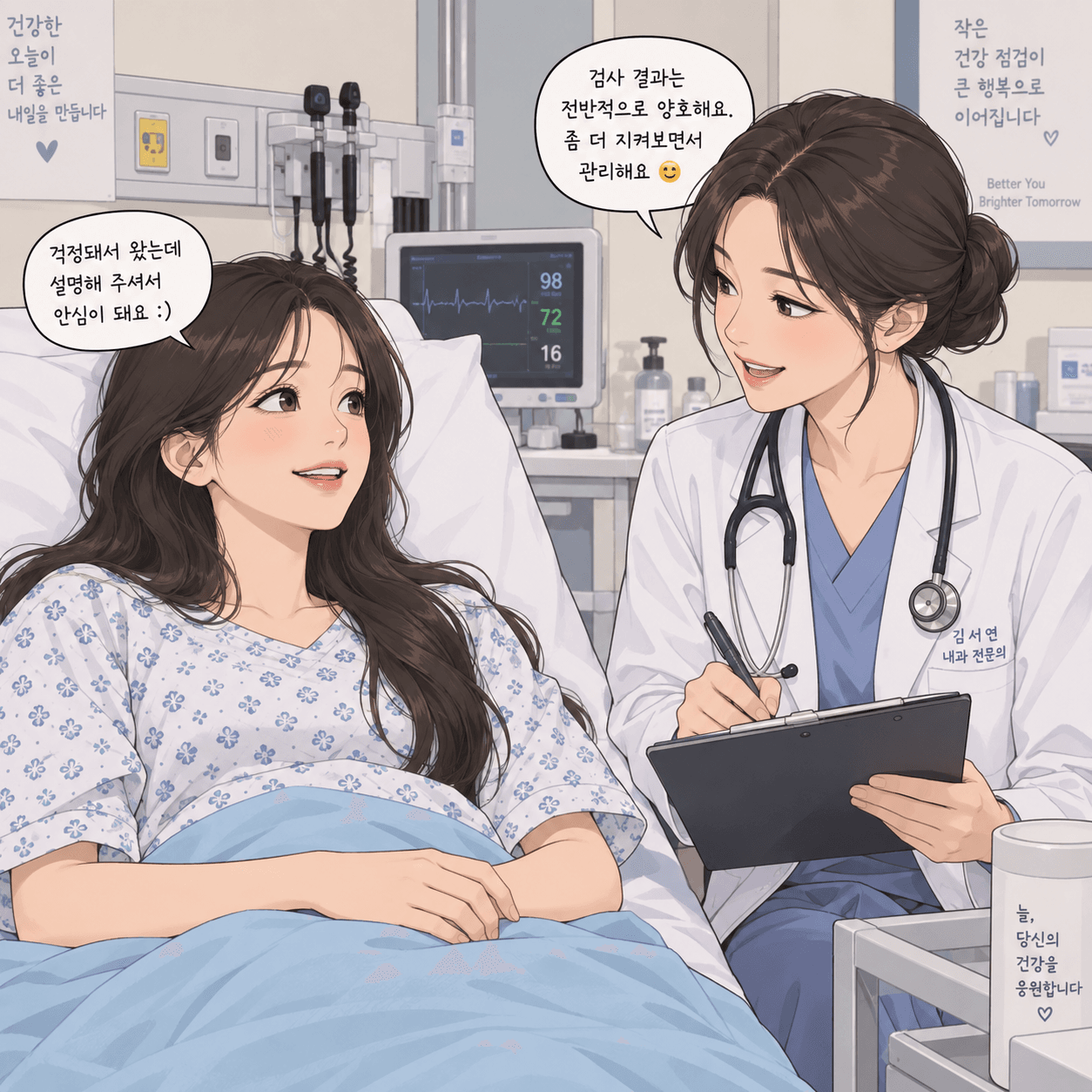 병원에서 환자와 의사가 상담하는 장면, 환자는 침대에 누워 있으며 의사는 진료 기록을 작성하고 있다. 배경에는 의료 기기와 헬스케어 관련 정보가 보인다.