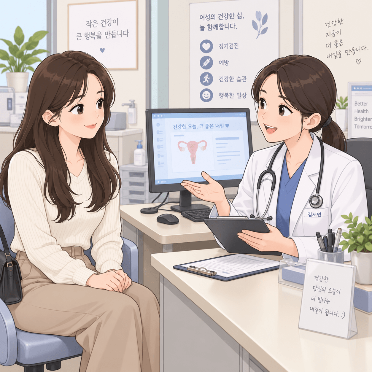 의사와 환자가 상담하는 장면으로, 여성이 건강 상담을 받고 있으며 컴퓨터 화면에는 여성 건강 관련 정보가 표시되어 있다. 배경에는 건강한 삶을 위한 메시지가 적힌 포스터가 있다. 이 이미지는 국민건강보험 환급금 조회 및 신청 방법을 안내하는 페이지와 관련이 있다.