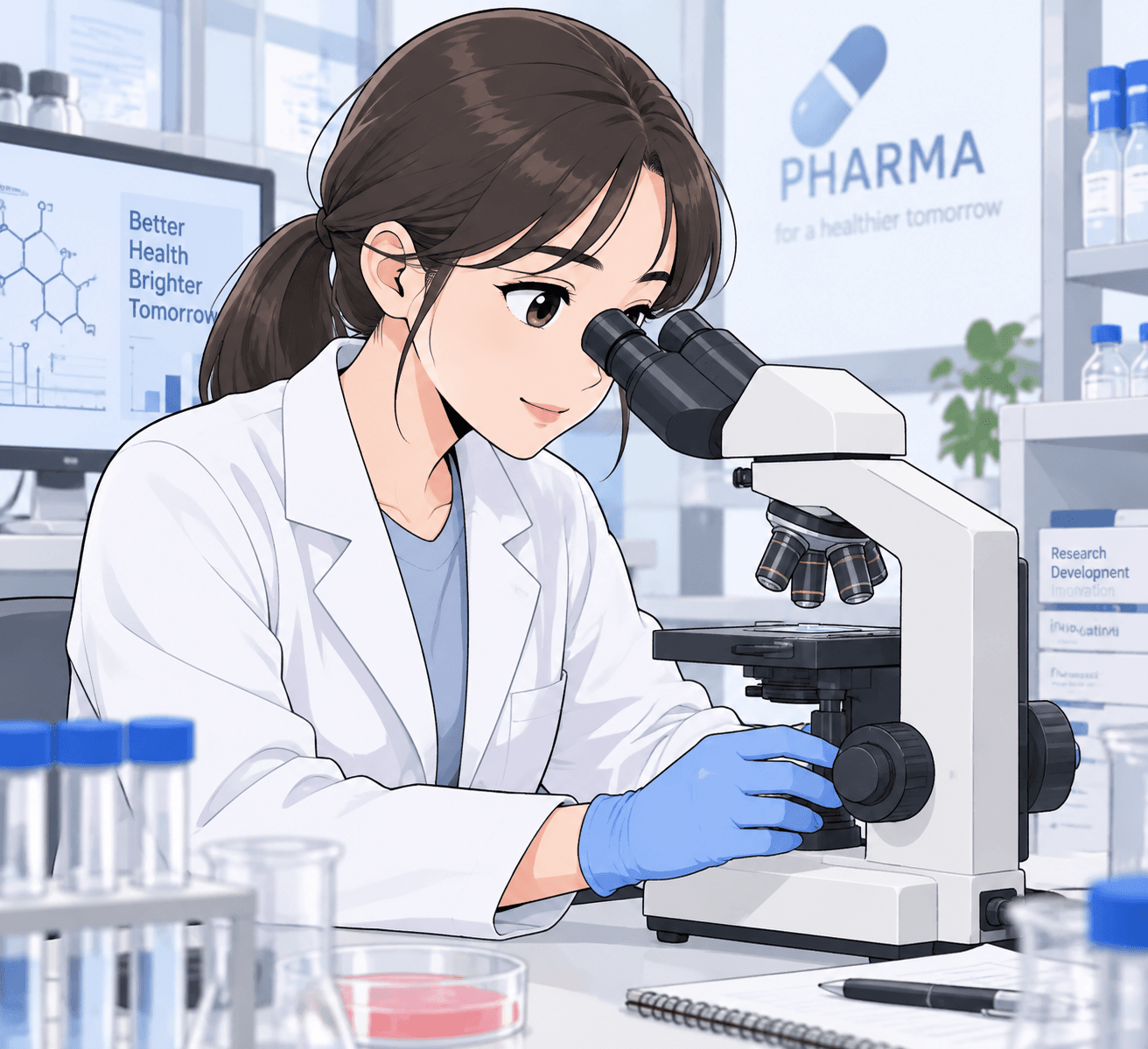 실험실에서 현미경을 들여다보는 여성 연구원의 모습. 연구개발과 혁신을 강조하는 배경과 함께 탈모약 클라스코테론 5%의 효과와 정보를 전달하는 페이지에 적합한 이미지.