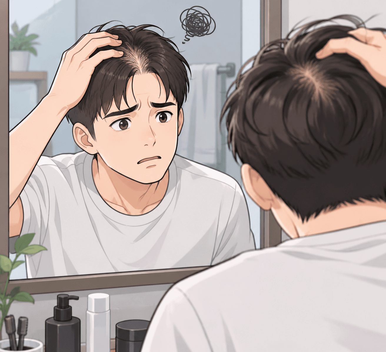 탈모를 걱정하는 남성이 거울을 보며 머리카락 상태를 점검하는 모습, 탈모약 클라스코테론의 효과와 관련된 정보 제공.