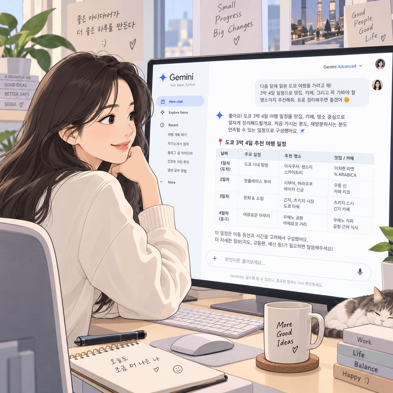제미나이 데스크탑 앱을 사용하는 여성의 모습으로, 화면에는 여행 일정 추천과 관련된 정보가 표시되어 있으며, 주변에는 편안한 분위기를 연출하는 식물과 커피컵이 있습니다.