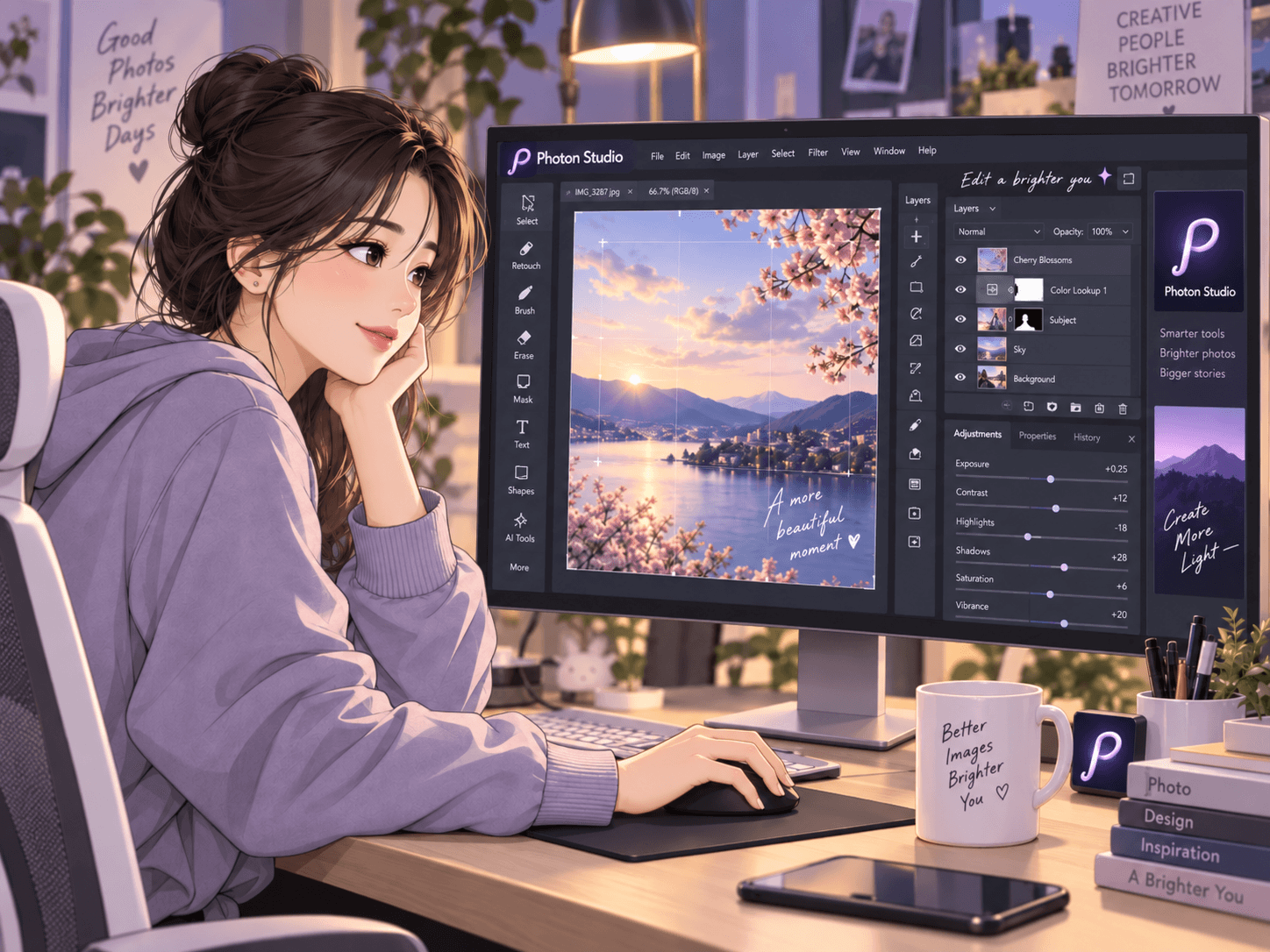 포톤 스튜디오에서 사진 편집 중인 여성의 모습, 컴퓨터 화면에는 아름다운 풍경 이미지와 다양한 편집 도구가 표시되어 있으며, 주변에는 영감을 주는 문구가 적힌 컵과 식물이 놓여 있습니다.