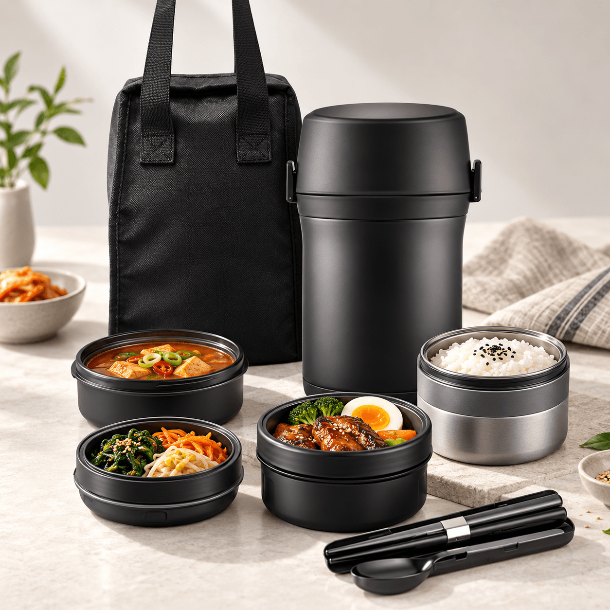 수능 보온도시락 세트, 다양한 반찬과 밥이 담긴 용기, 검은색 보온 도시락과 가방, 스푼과 젓가락이 함께 있는 이미지.