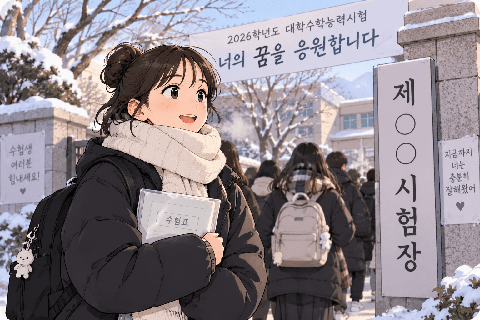 2026학년도 대학수학능력시험을 앞둔 학생들이 겨울철 눈 쌓인 학교 앞에서 응원 메시지를 바라보며 시험 준비를 하고 있는 모습. 수험표를 들고 있는 학생이 미소를 지으며 희망적인 분위기를 연출하는 장면.