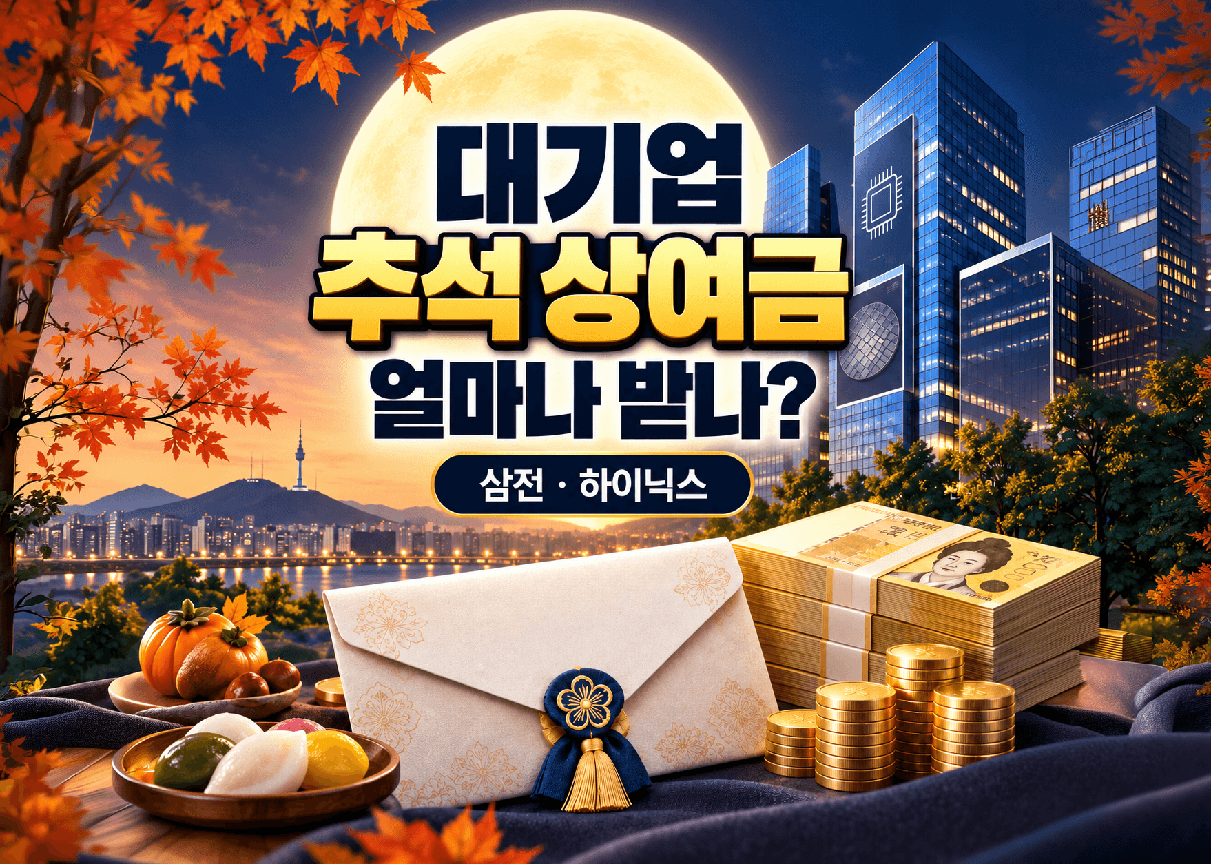 대기업 추석 상여금에 대한 정보를 담고 있는 이미지로, 배경에는 서울의 야경과 보름달이 보이며, 전통 과일과 송편, 금화가 놓인 테이블 위에 상여금 봉투와 돈다발이 배치되어 있다.