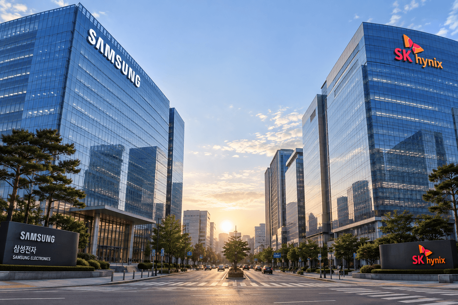 삼성전자와 SK hynix 본사가 위치한 거리의 풍경, 저녁 햇살 아래 반사되는 유리 건물들, 그리고 도로에 있는 차량과 나무들이 어우러진 모습.