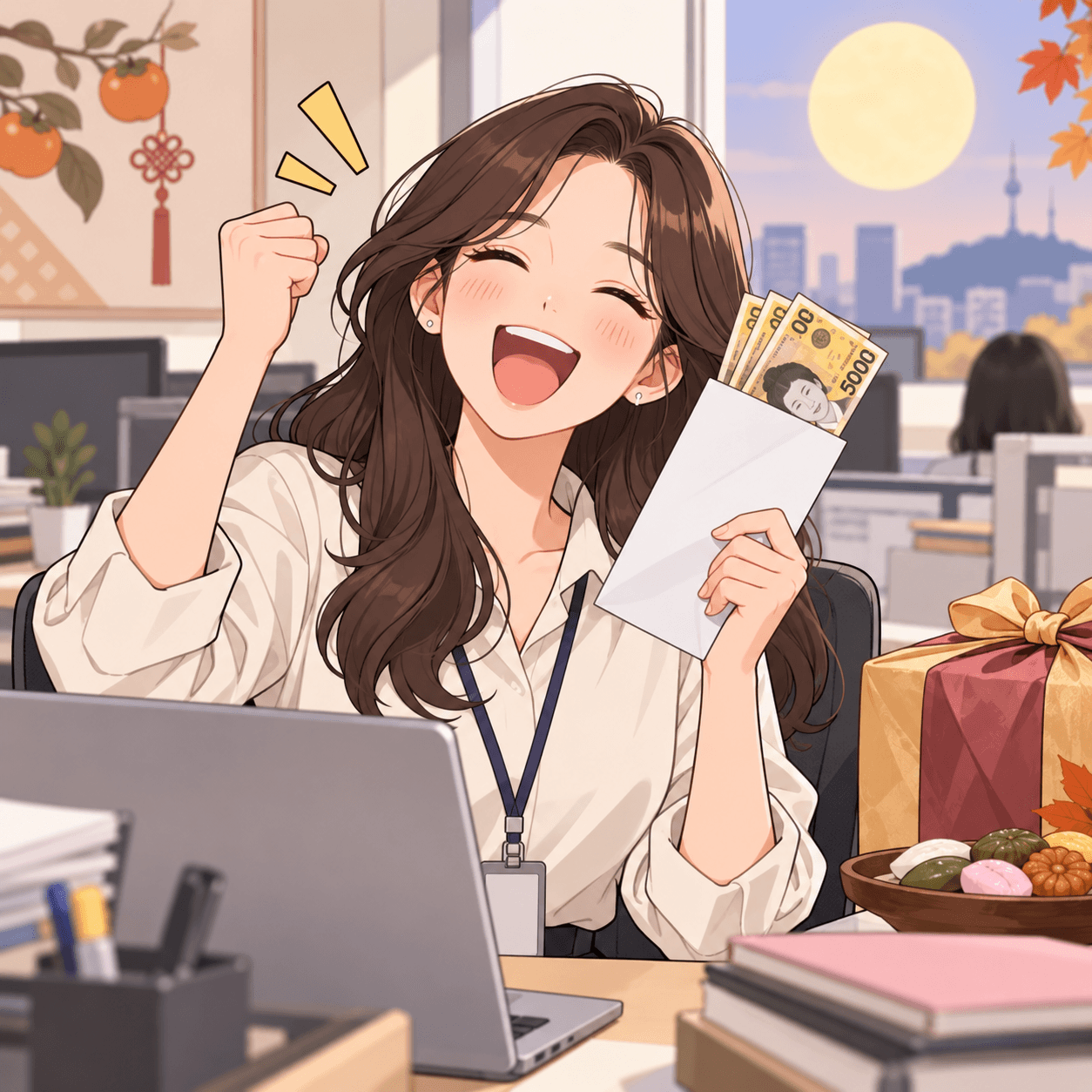 사무실에서 명절 상여금을 받고 기뻐하는 여성의 모습, 봉투에서 돈을 꺼내며 즐거워하는 표정이 강조된 이미지. 배경에는 사무실 풍경과 명절 선물, 전통 음식이 보임.