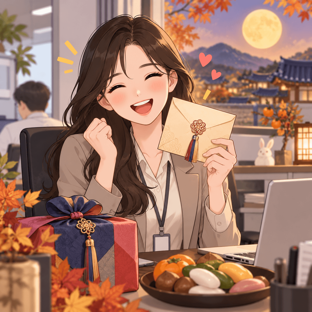 추석 명절을 맞아 상여금을 받으며 기뻐하는 여성의 모습, 사무실 배경과 함께 다양한 전통 떡과 과일이 놓인 테이블.