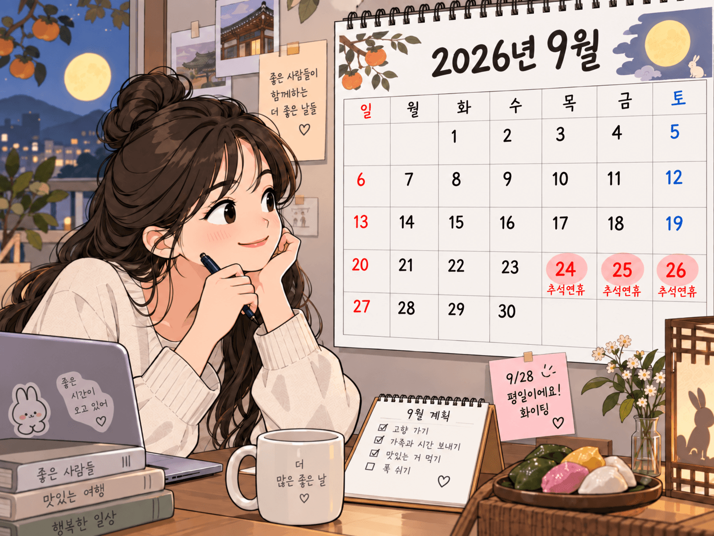 2026년 9월 달력과 함께 앉아 있는 여성의 모습, 추석연휴인 24일, 25일, 26일이 강조되어 있으며, "2026년 추석 임시공휴일"과 관련된 정보가 담긴 이미지.