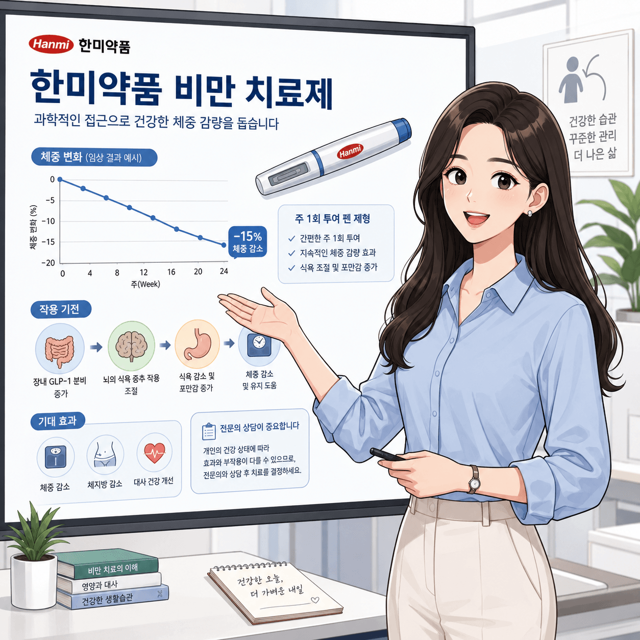 한미약품 비만 치료제 에페의 임상 결과와 체중 감소 예측을 보여주는 그래프, 여성 발표자가 치료제의 작용 기전 및 기대 효과에 대해 설명하는 모습, 제품 정보와 건강 관리 중요성을 강조하는 내용 포함.