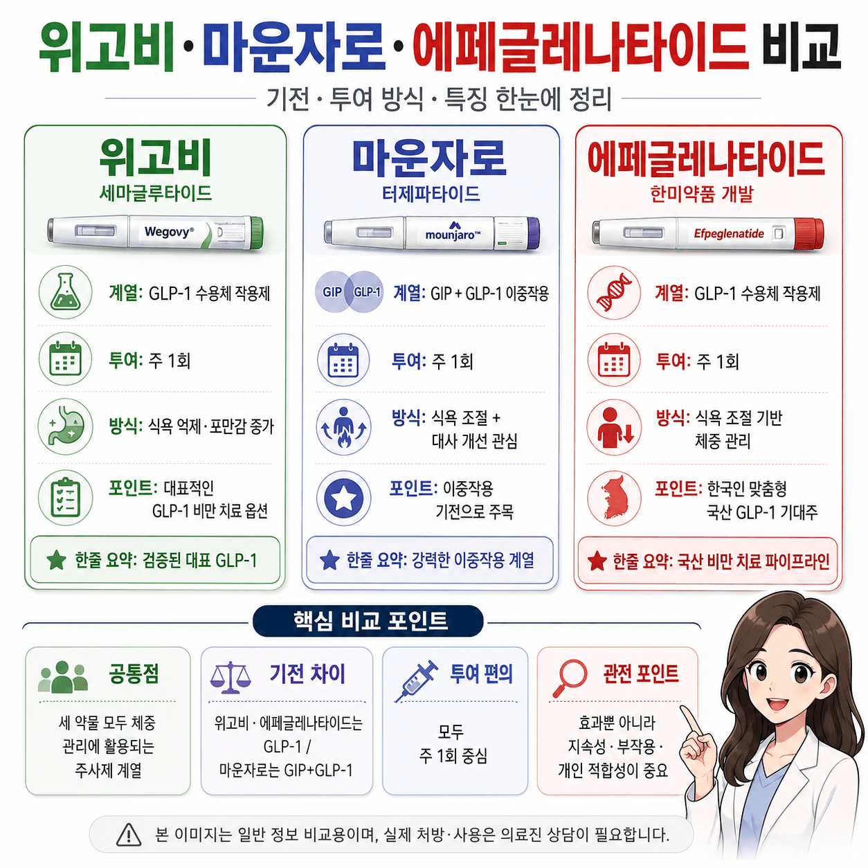 위고비, 마운자로, 에페글레나타이드의 비교 정보, 각 약물의 작용 기전, 투여 방식, 주의 사항 및 특징을 요약한 인포그래픽. 한미약품 비만 치료제 관련 내용 강조.