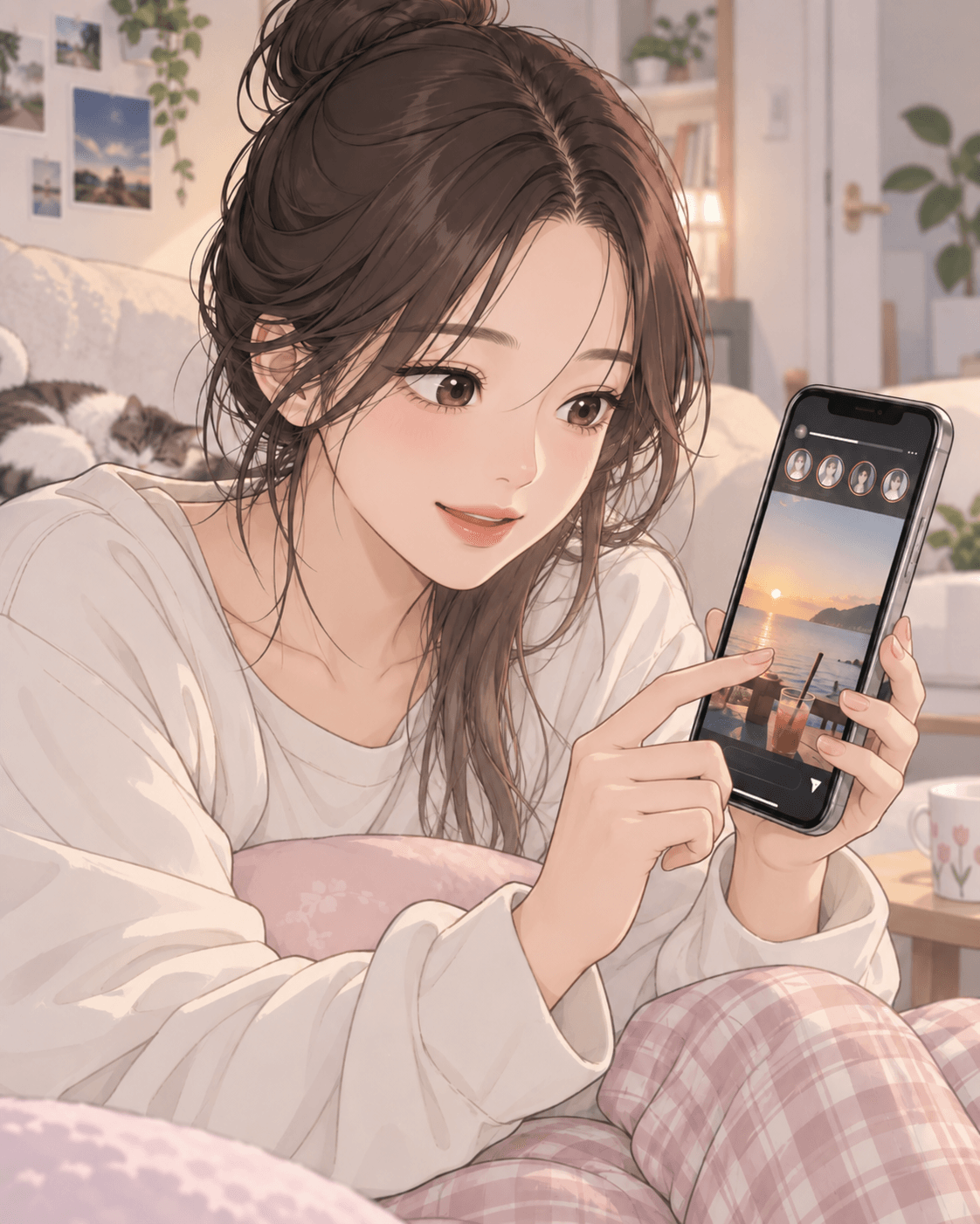 인스타그램 스토리를 보고 있는 여성, 편안한 집안에서 스마트폰을 들고 있는 모습. 배경에는 고양이와 아늑한 인테리어가 보이며, 화면에는 저녁 노을 사진이 나타나 있다.